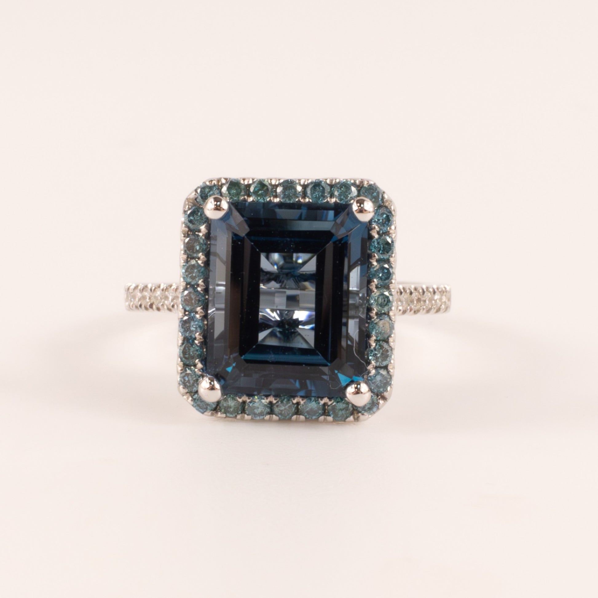 14KWG London Blue Topaz and Blue Diamond Halo Ring