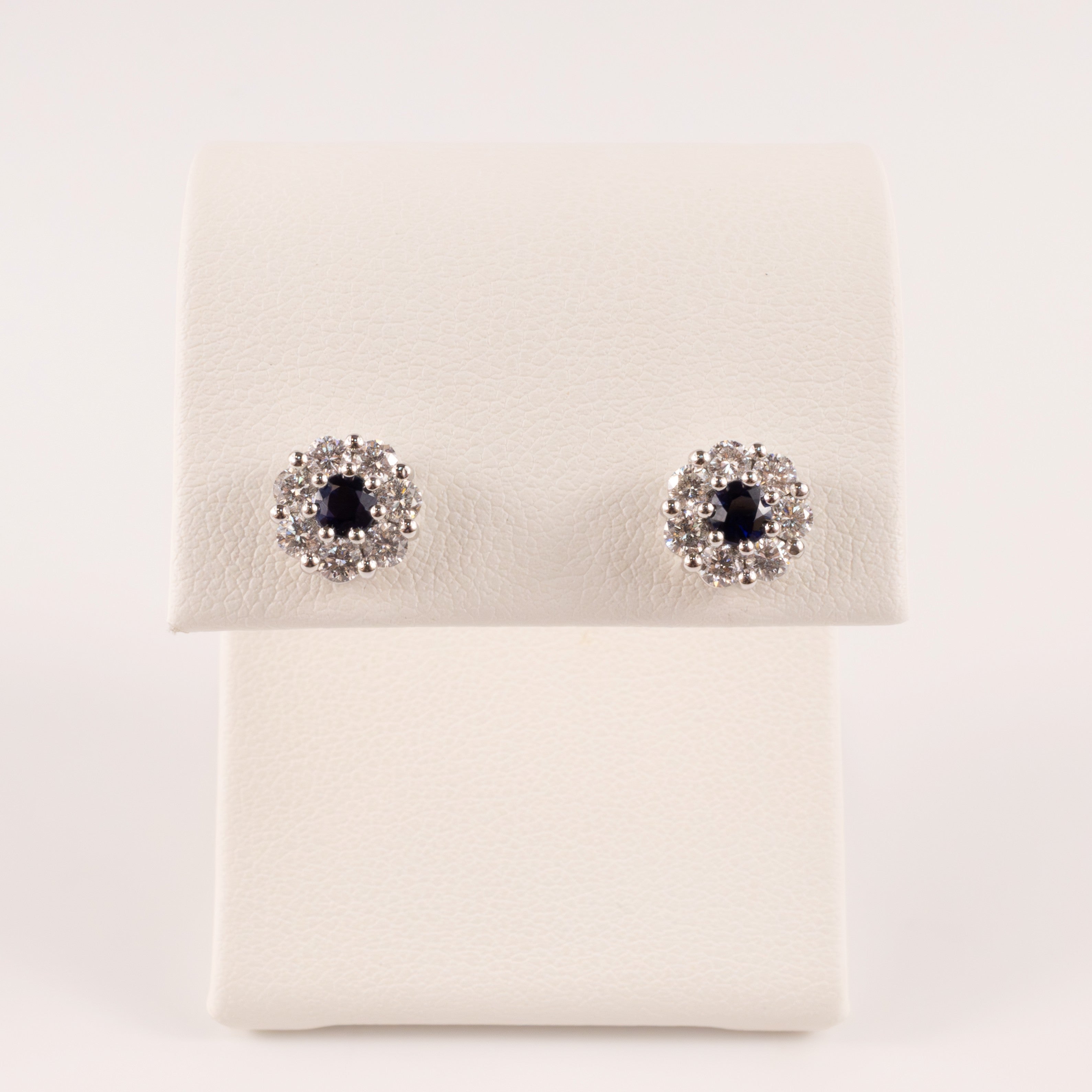 18KWG Blue Sapphire and Diamond Flower Cluster Stud Earrings