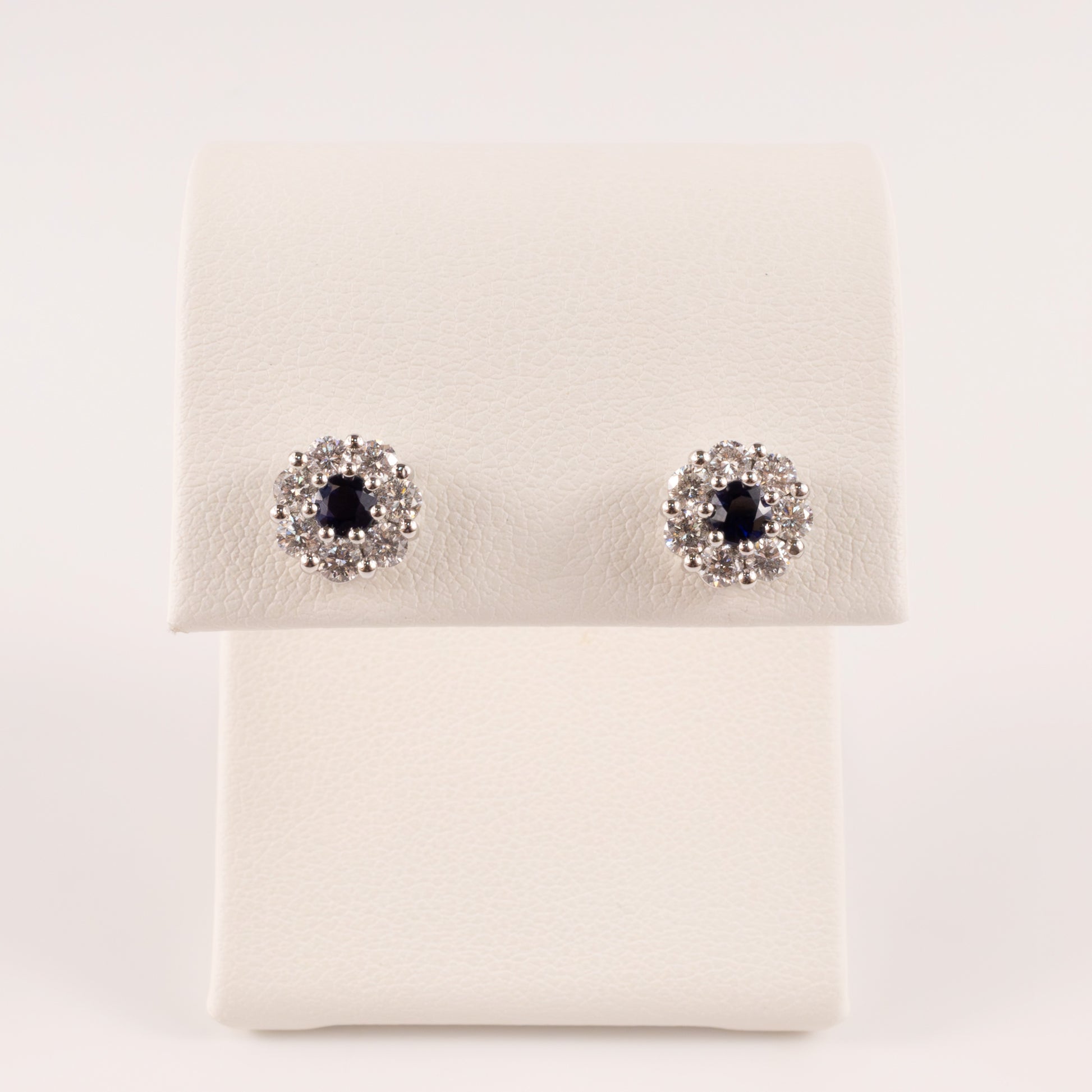 18KWG Blue Sapphire and Diamond Flower Cluster Stud Earrings