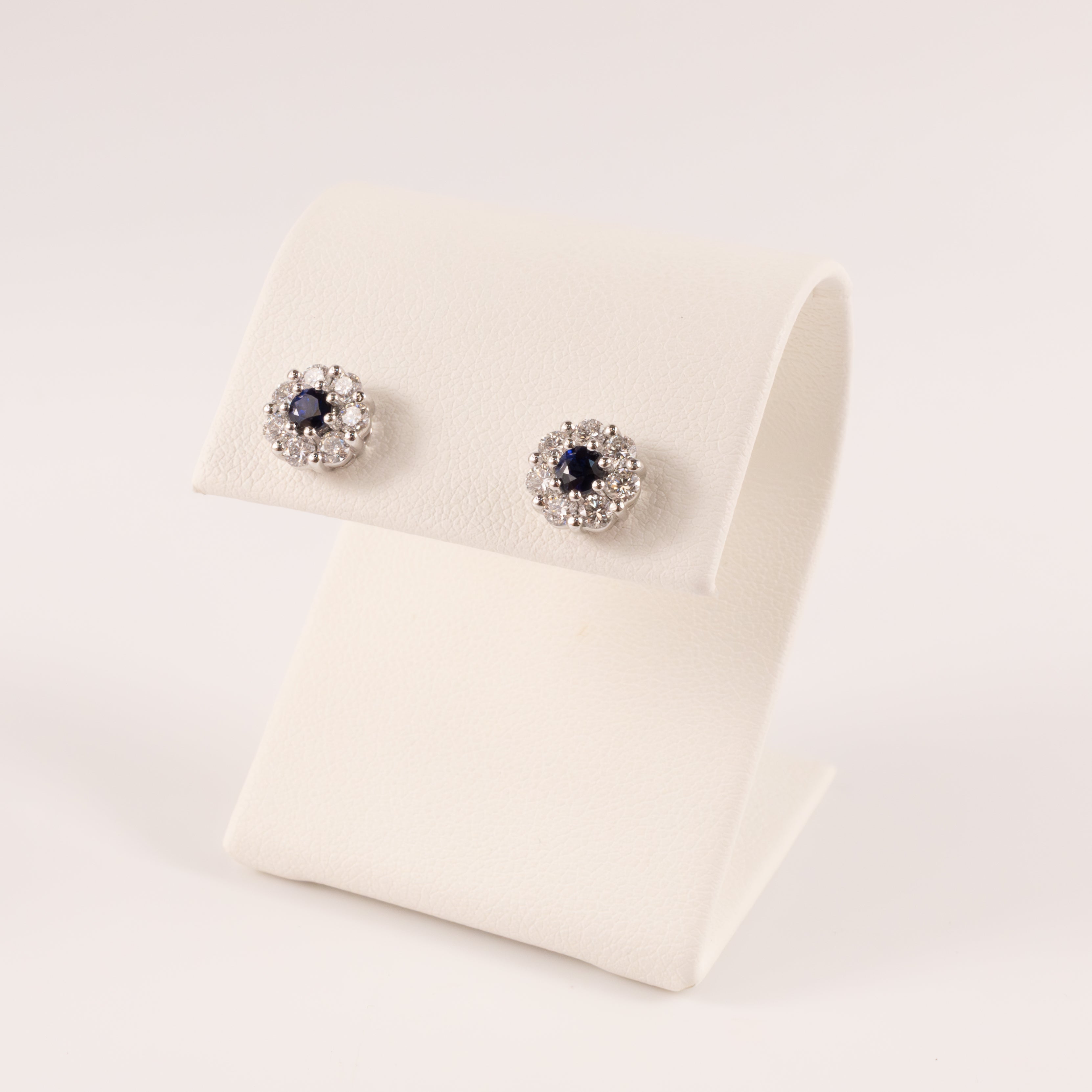 18KWG Blue Sapphire and Diamond Flower Cluster Stud Earrings
