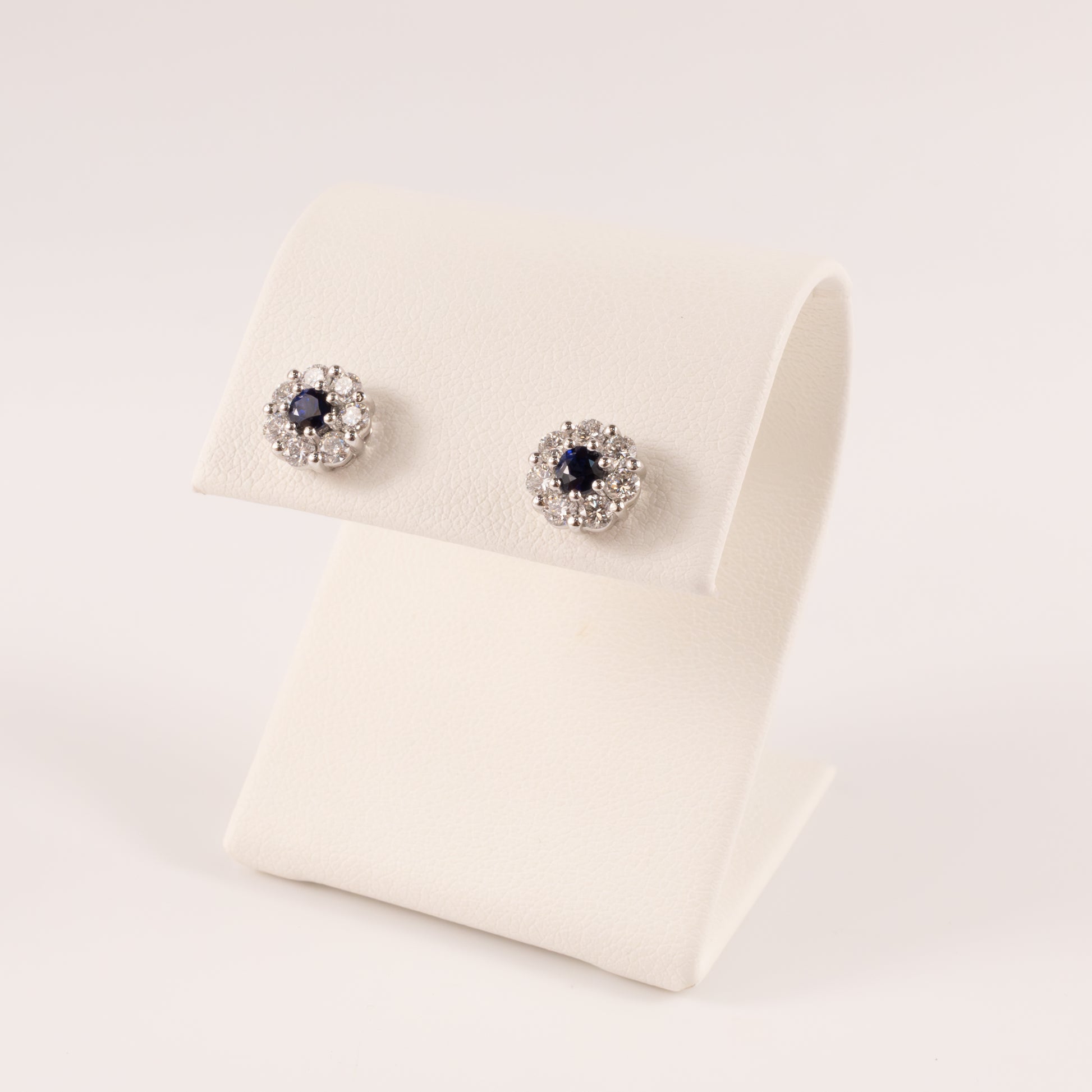 18KWG Blue Sapphire and Diamond Flower Cluster Stud Earrings