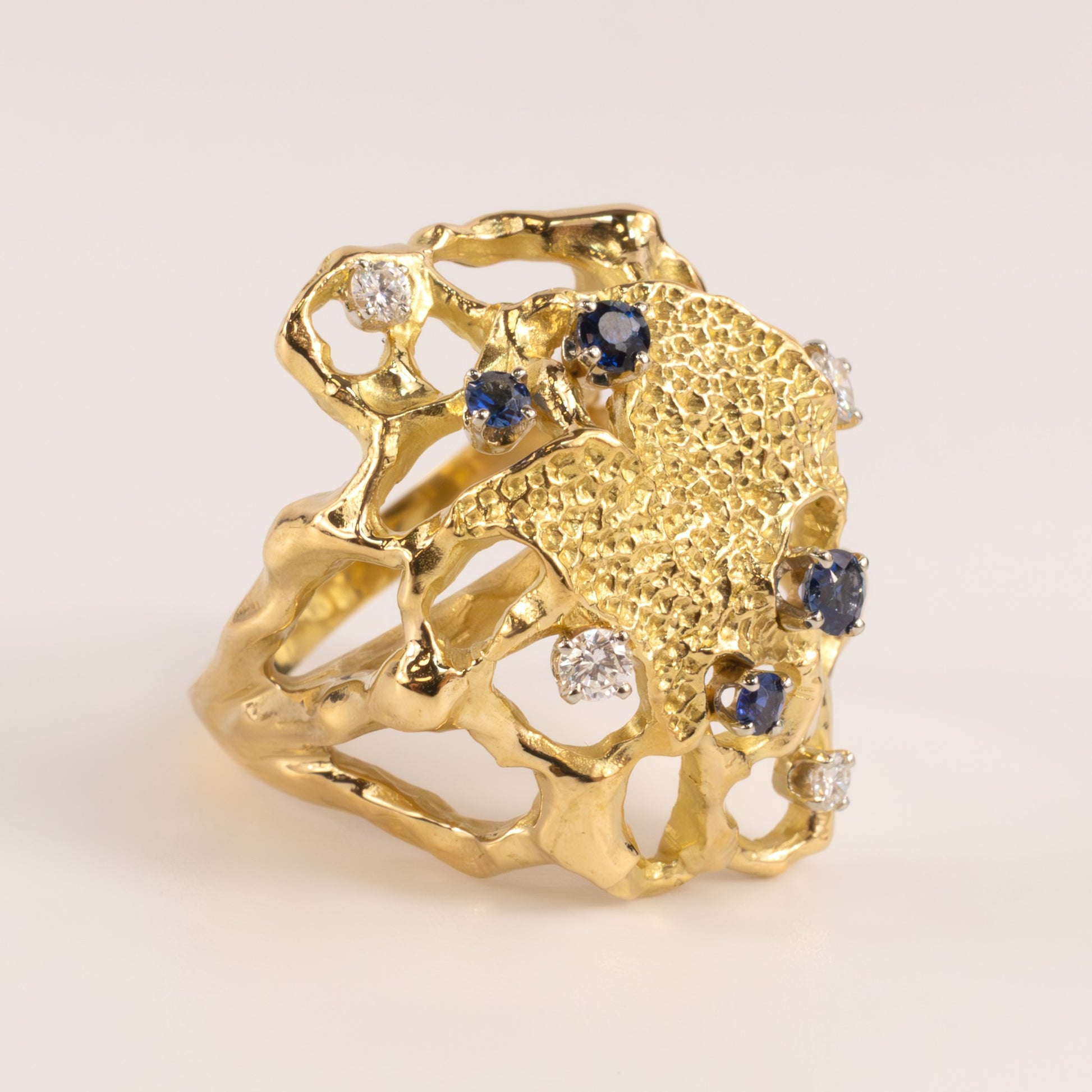 18KYG Blue Sapphire and Diamond Organic Open Nugget Ring