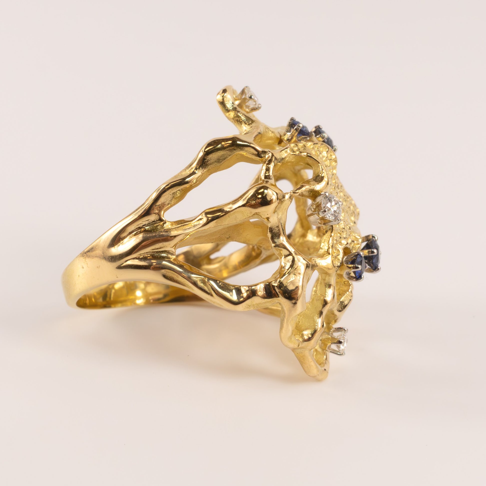 18KYG Blue Sapphire and Diamond Organic Open Nugget Ring
