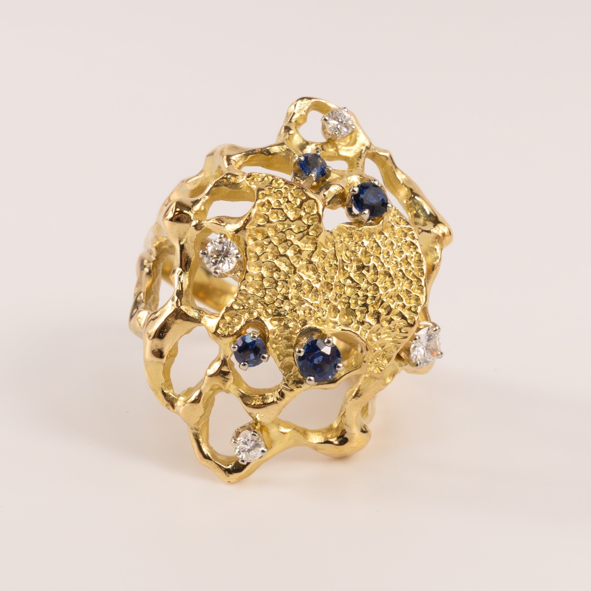 18KYG Blue Sapphire and Diamond Organic Open Nugget Ring