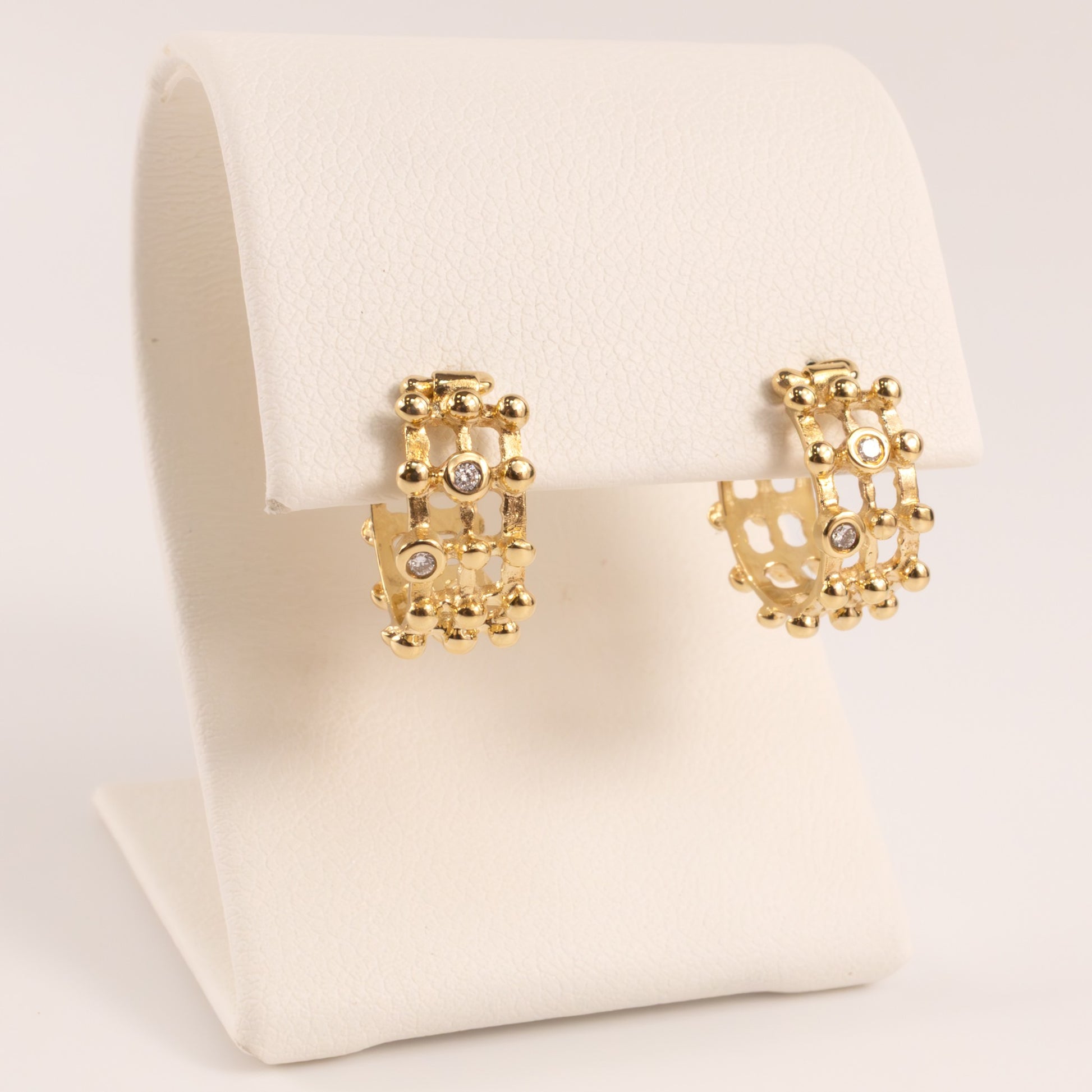 14KYG Diamond Bezel Set Beaded Grid Huggie Hoop Earrings
