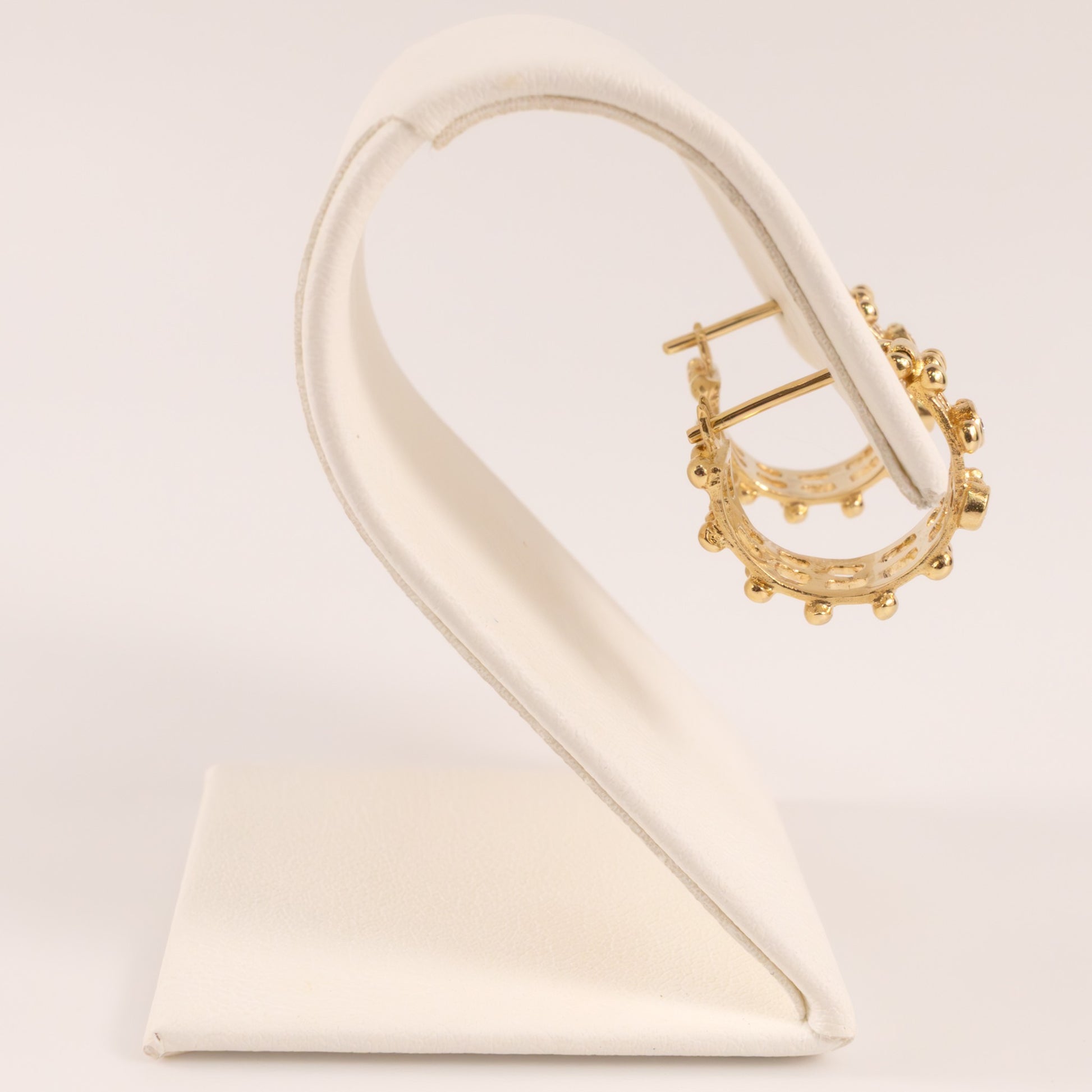 14KYG Diamond Bezel Set Beaded Grid Huggie Hoop Earrings