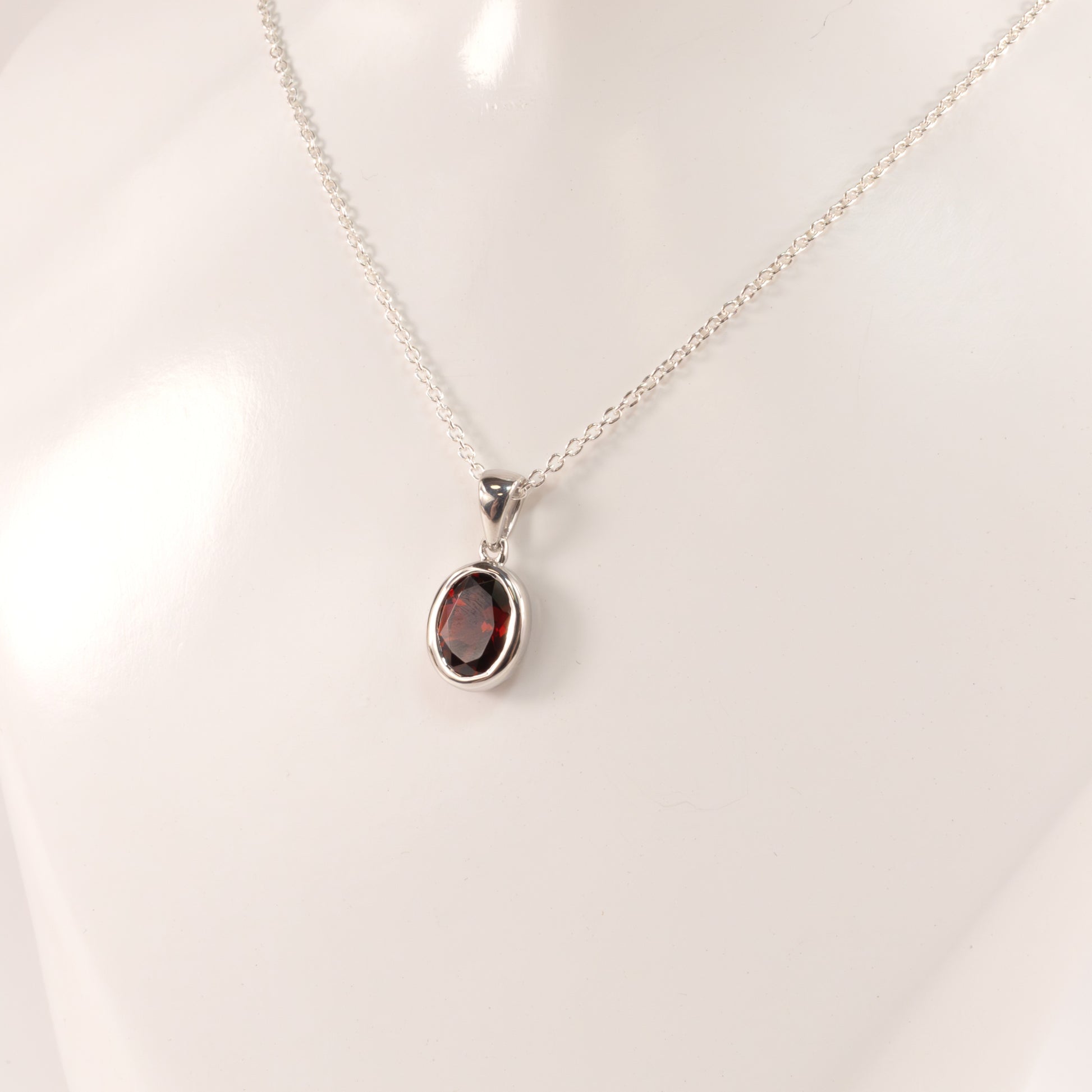 Sterling Silver Garnet Oval Bezel Set Necklace