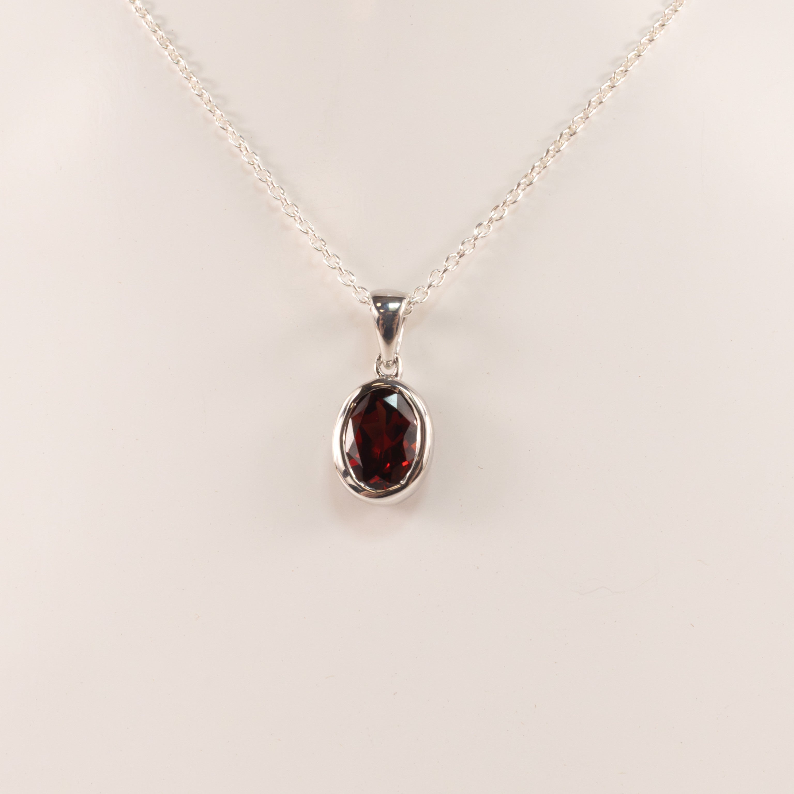 Sterling Silver Garnet Oval Bezel Set Necklace