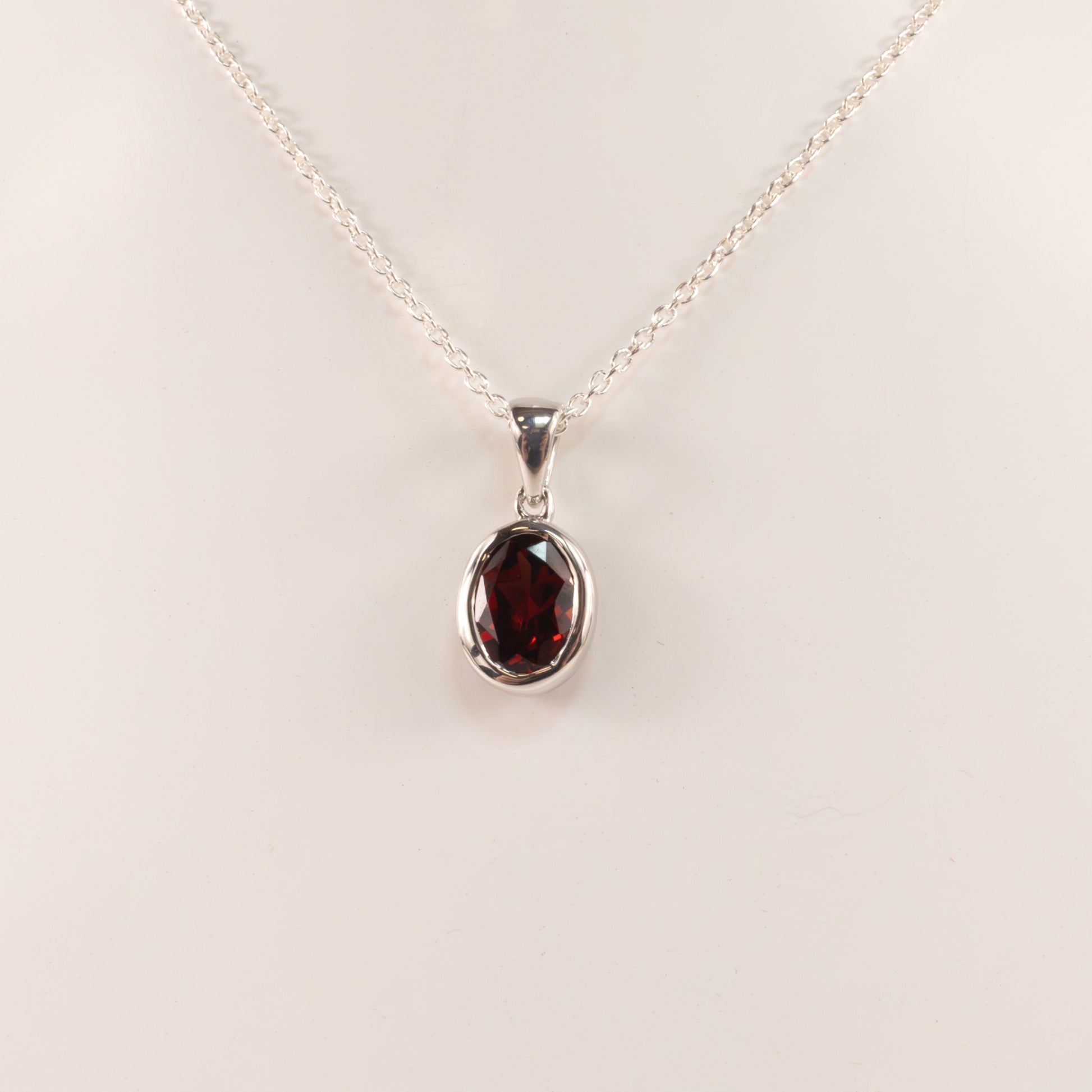 Sterling Silver Garnet Oval Bezel Set Necklace