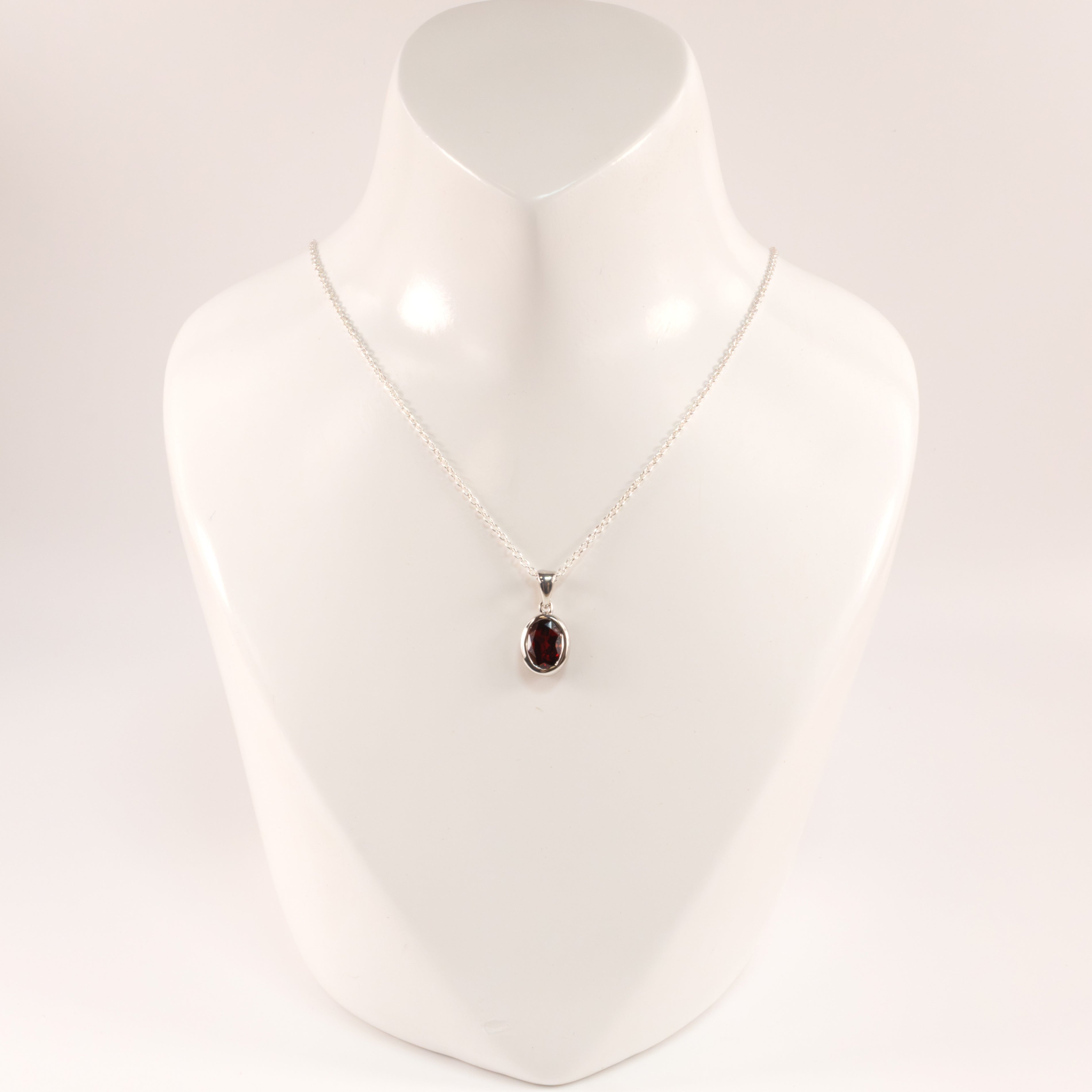 Sterling Silver Garnet Oval Bezel Set Necklace