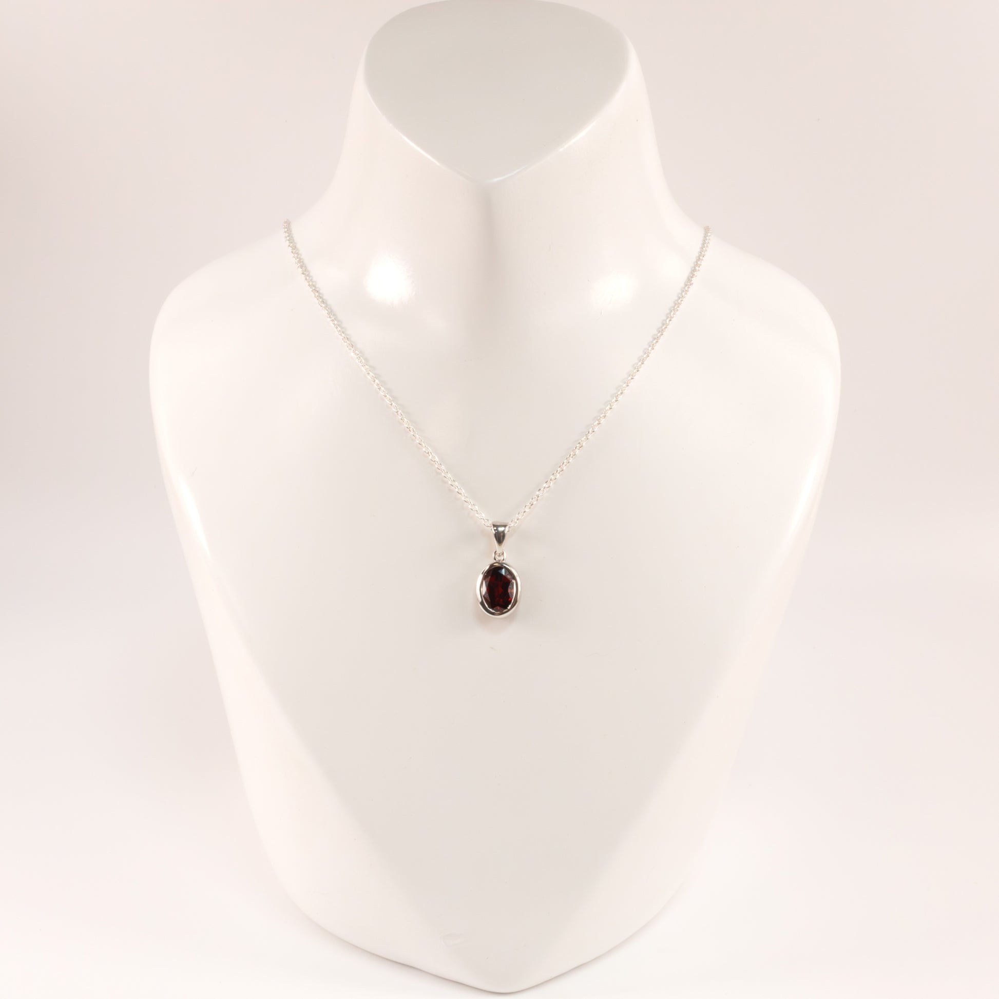 Sterling Silver Garnet Oval Bezel Set Necklace