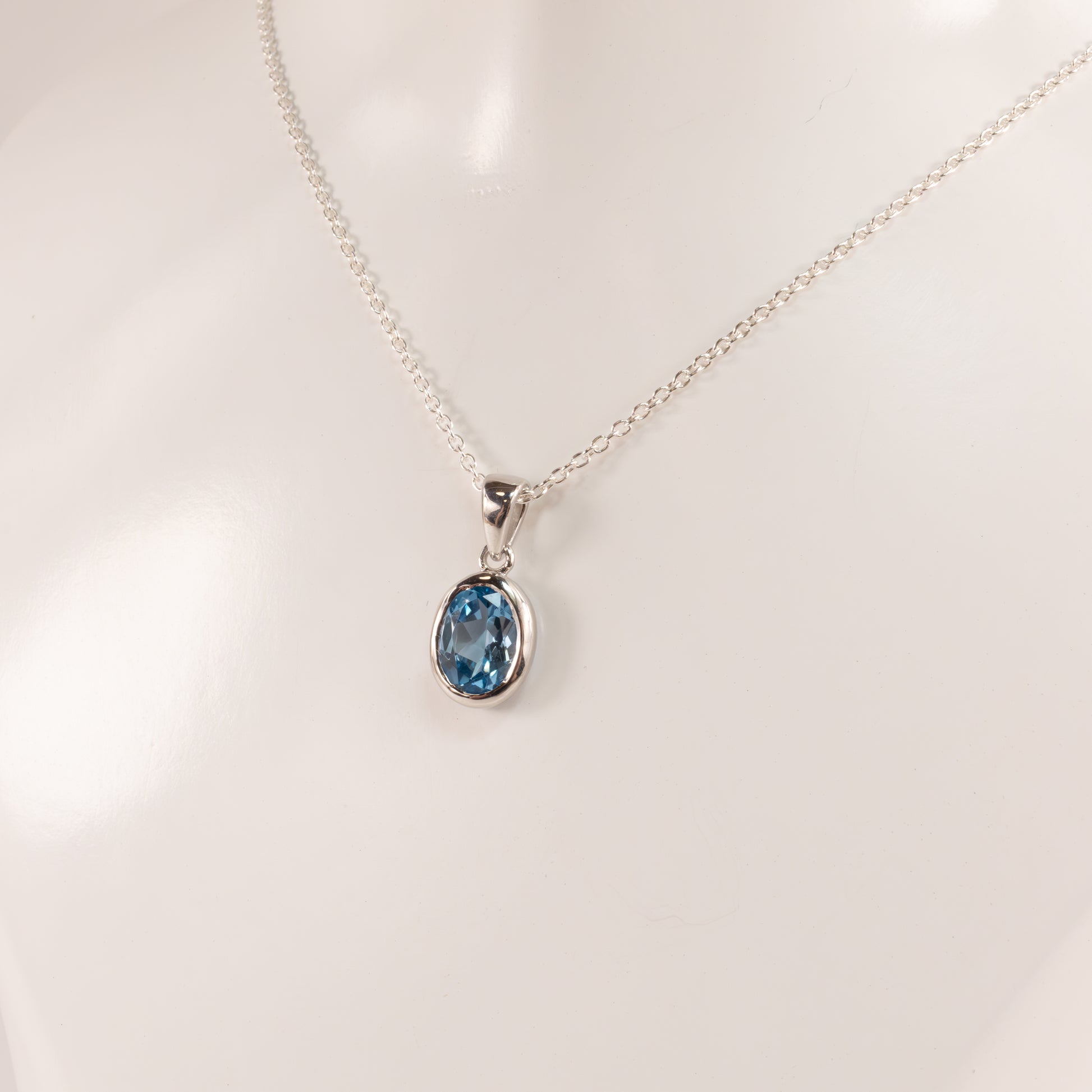 Sterling Silver Swiss Blue Topaz Oval Bezel Set Necklace