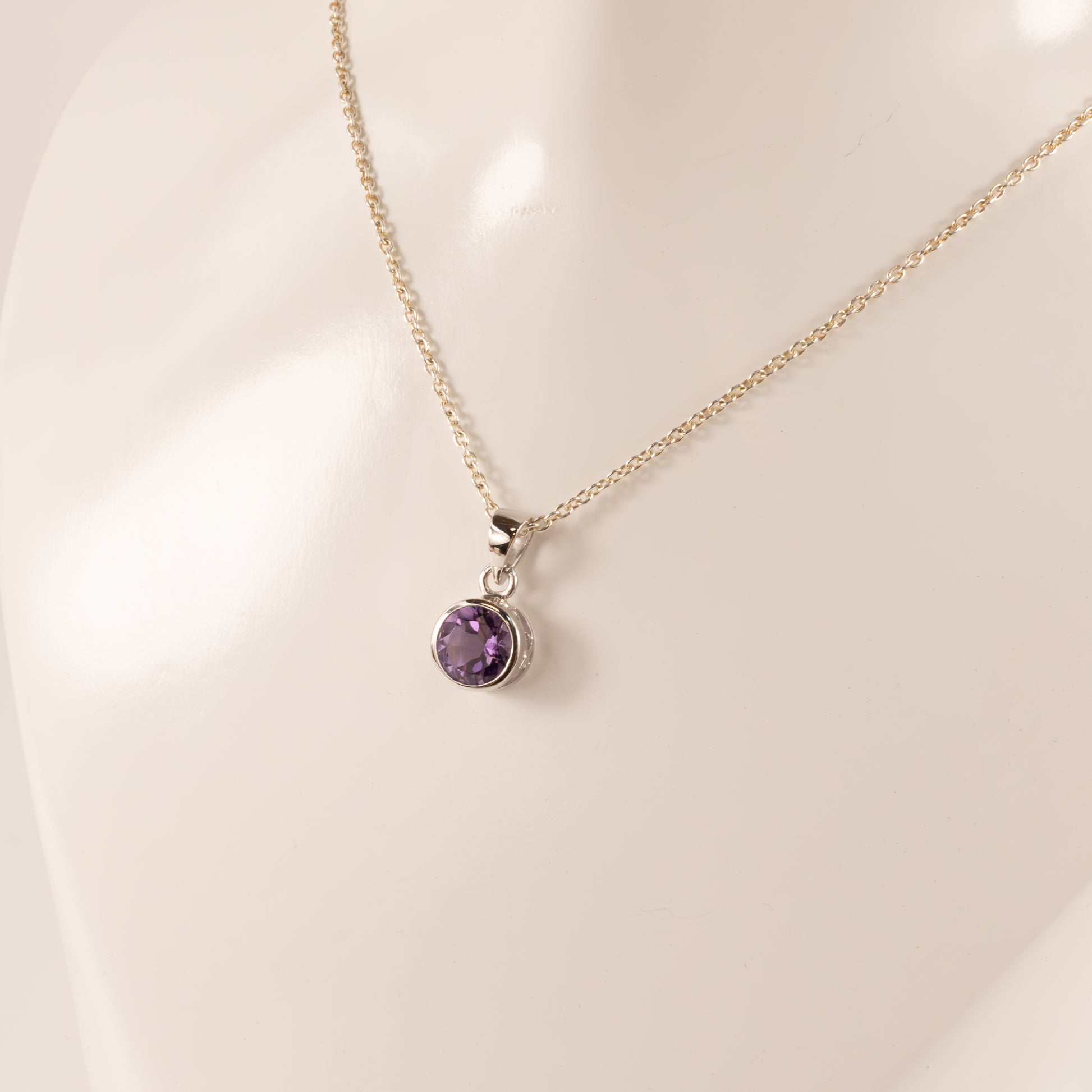 Sterling Silver Amethyst Round Bezel Set Necklace