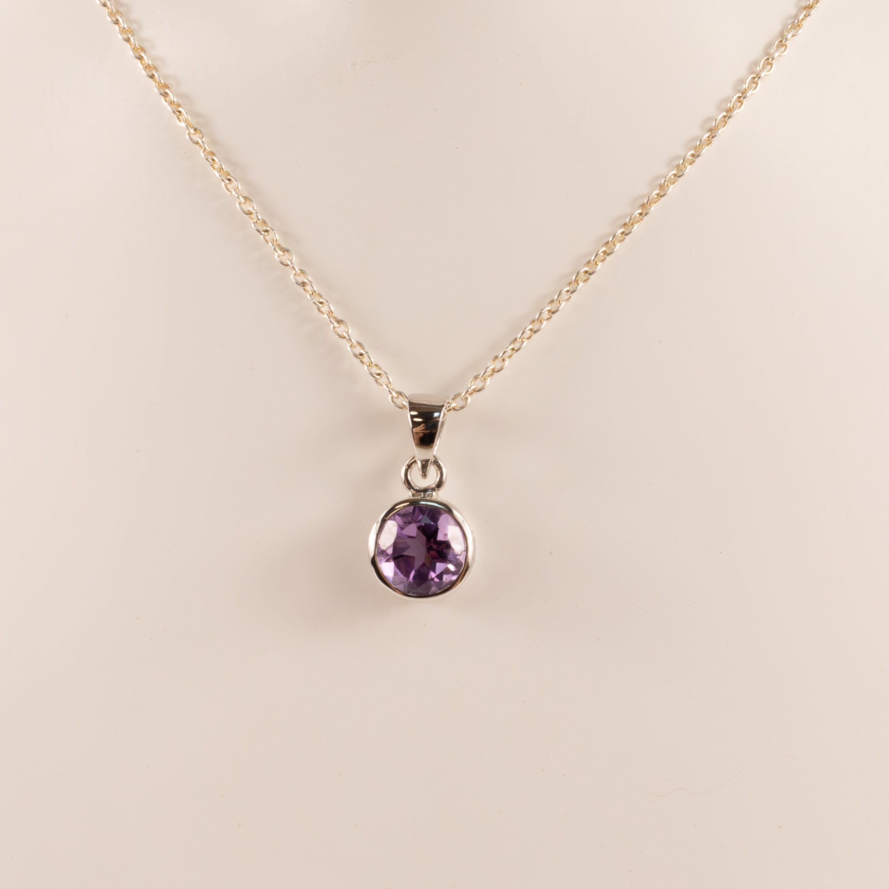 Sterling Silver Amethyst Round Bezel Set Necklace