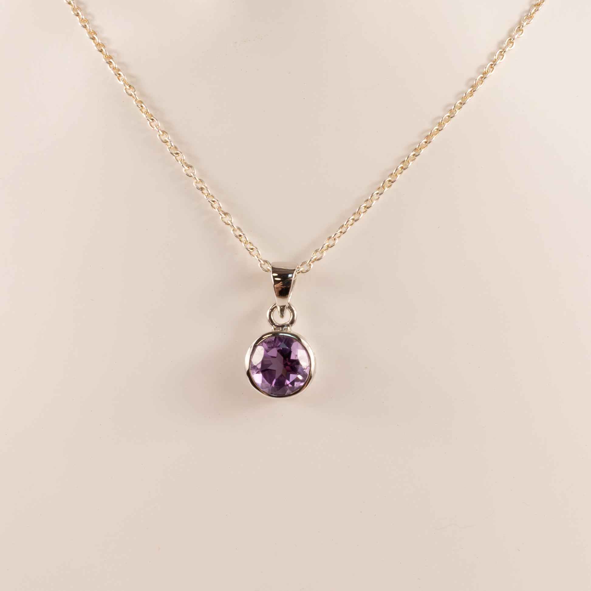 Sterling Silver Amethyst Round Bezel Set Necklace
