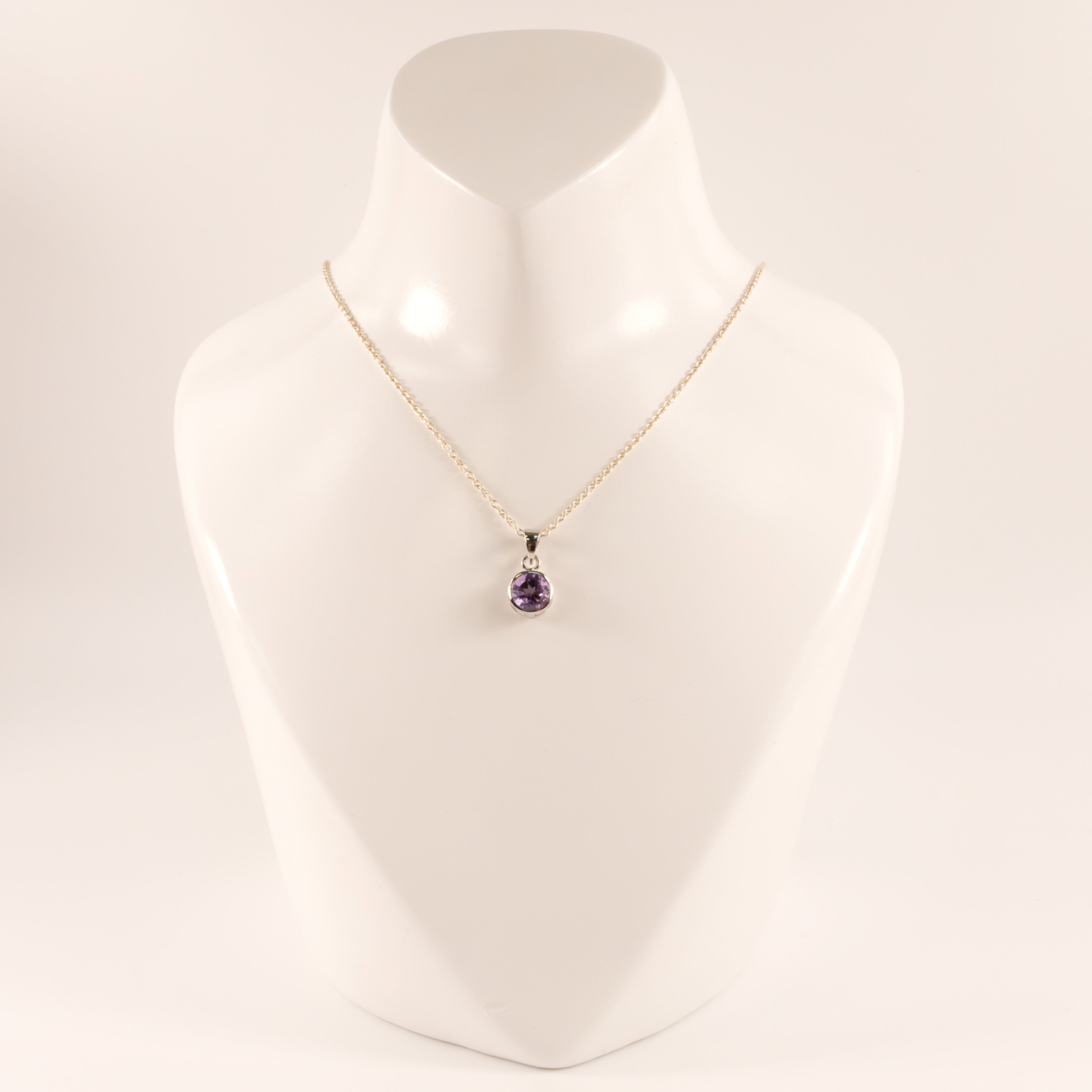 Sterling Silver Amethyst Round Bezel Set Necklace