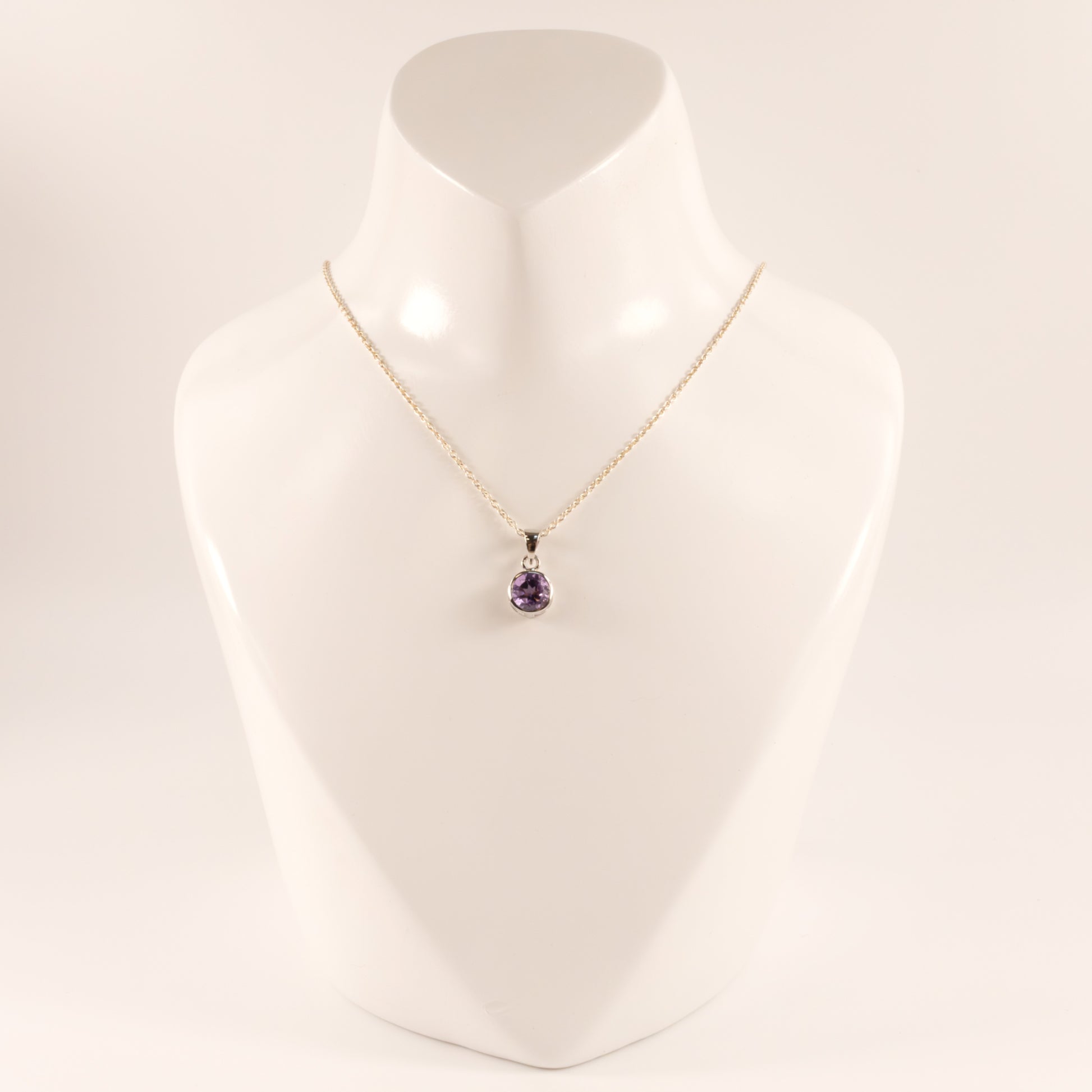 Sterling Silver Amethyst Round Bezel Set Necklace