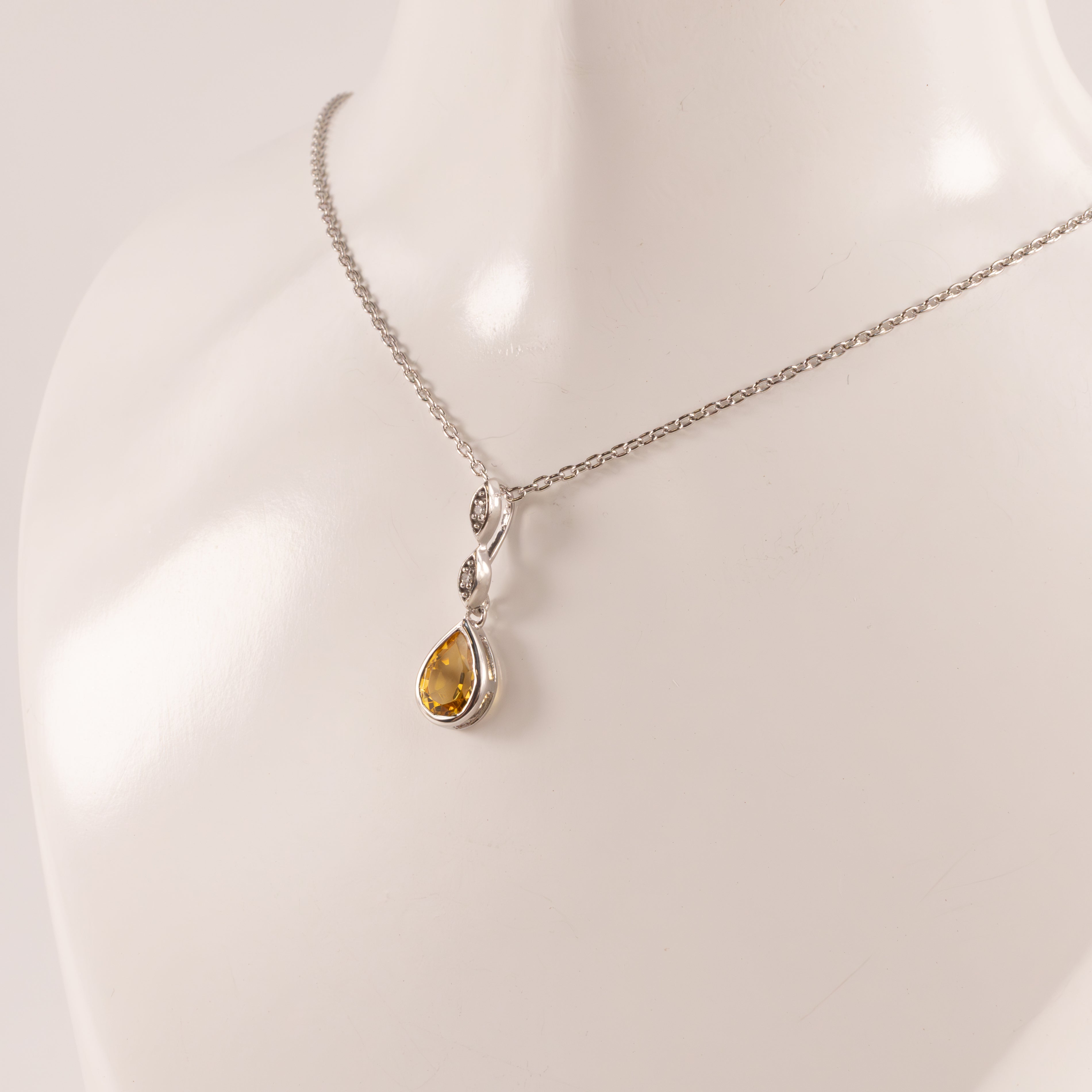 Sterling Silver Citrine Pear and Diamond Bezel Set Necklace