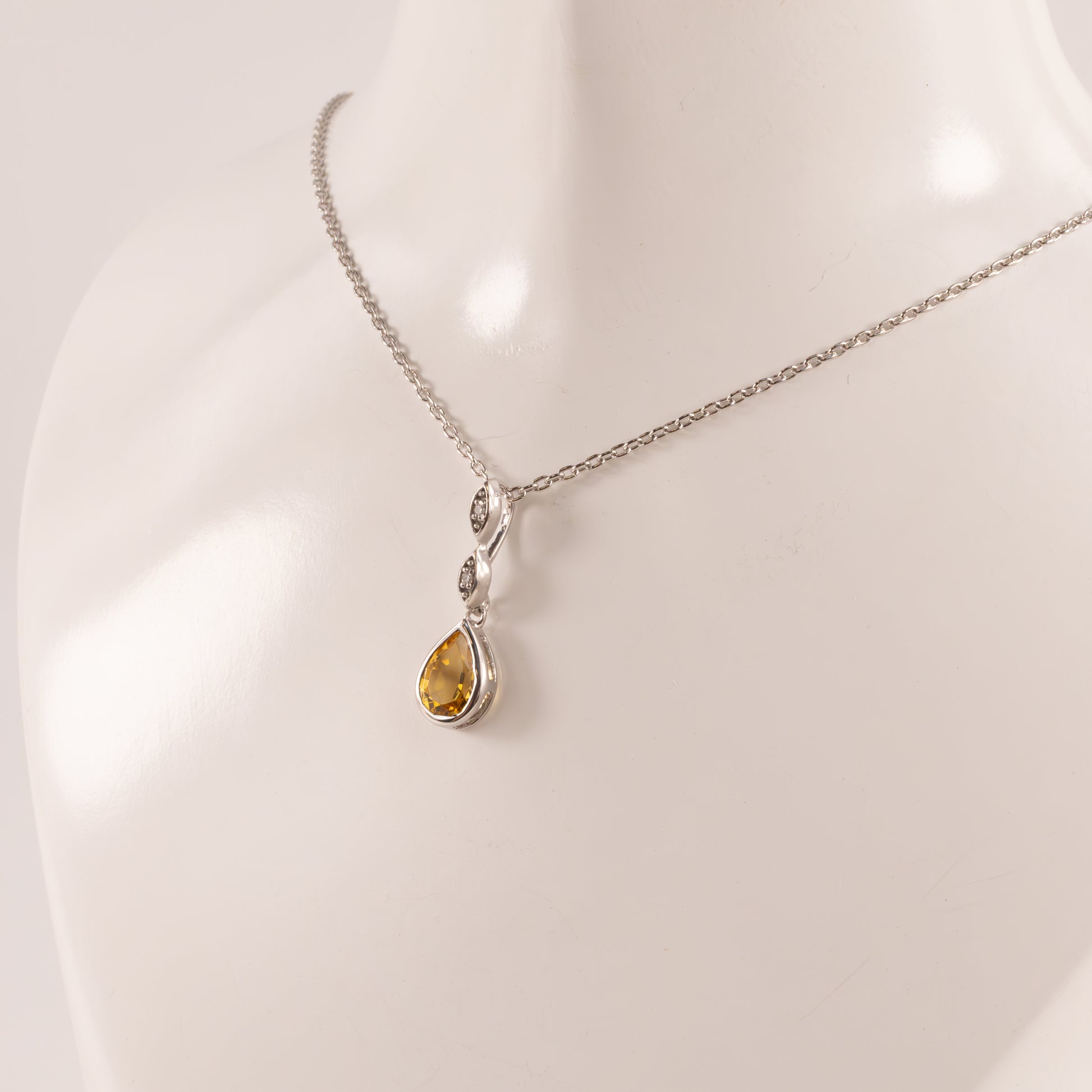 Sterling Silver Citrine Pear and Diamond Bezel Set Necklace
