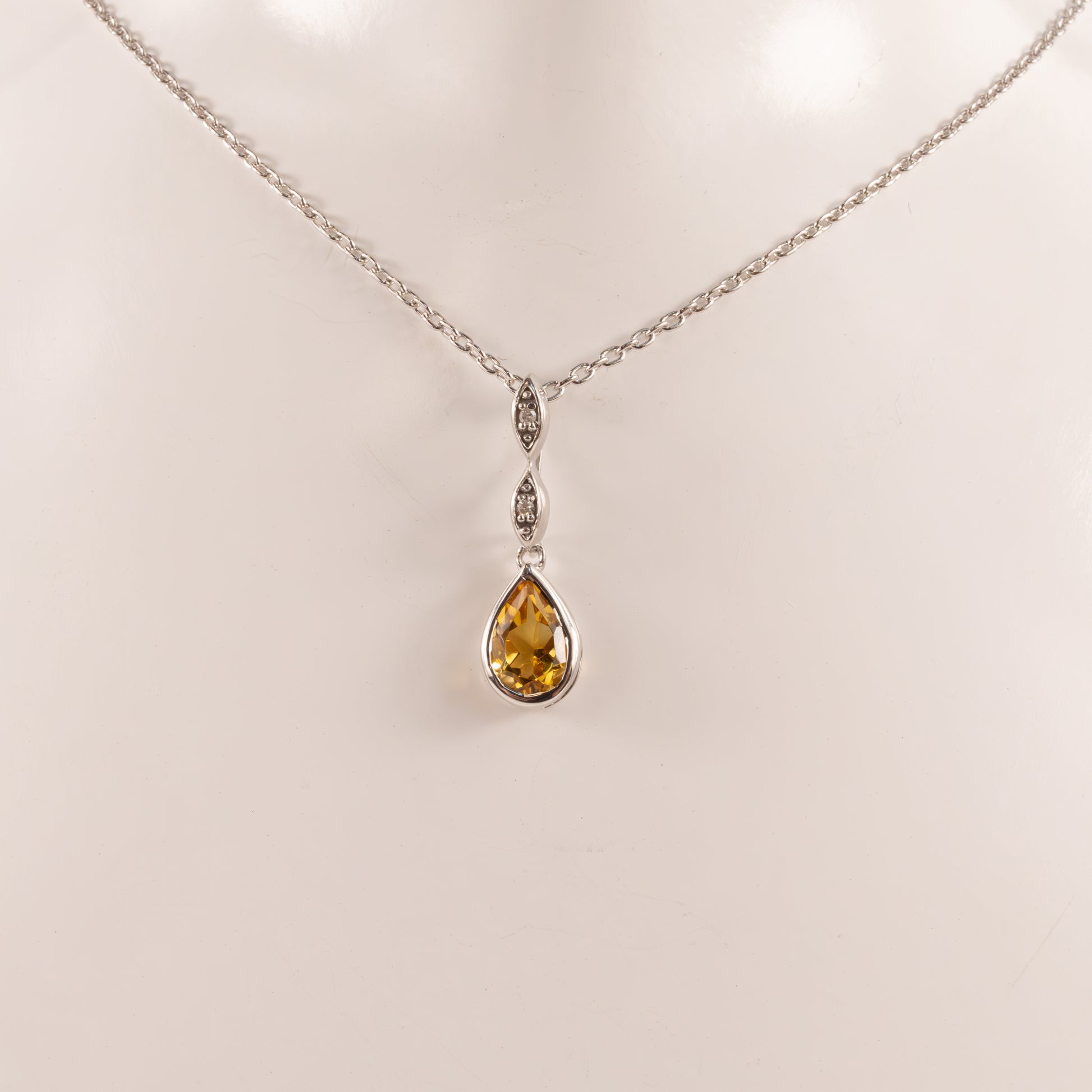 Sterling Silver Citrine Pear and Diamond Bezel Set Necklace