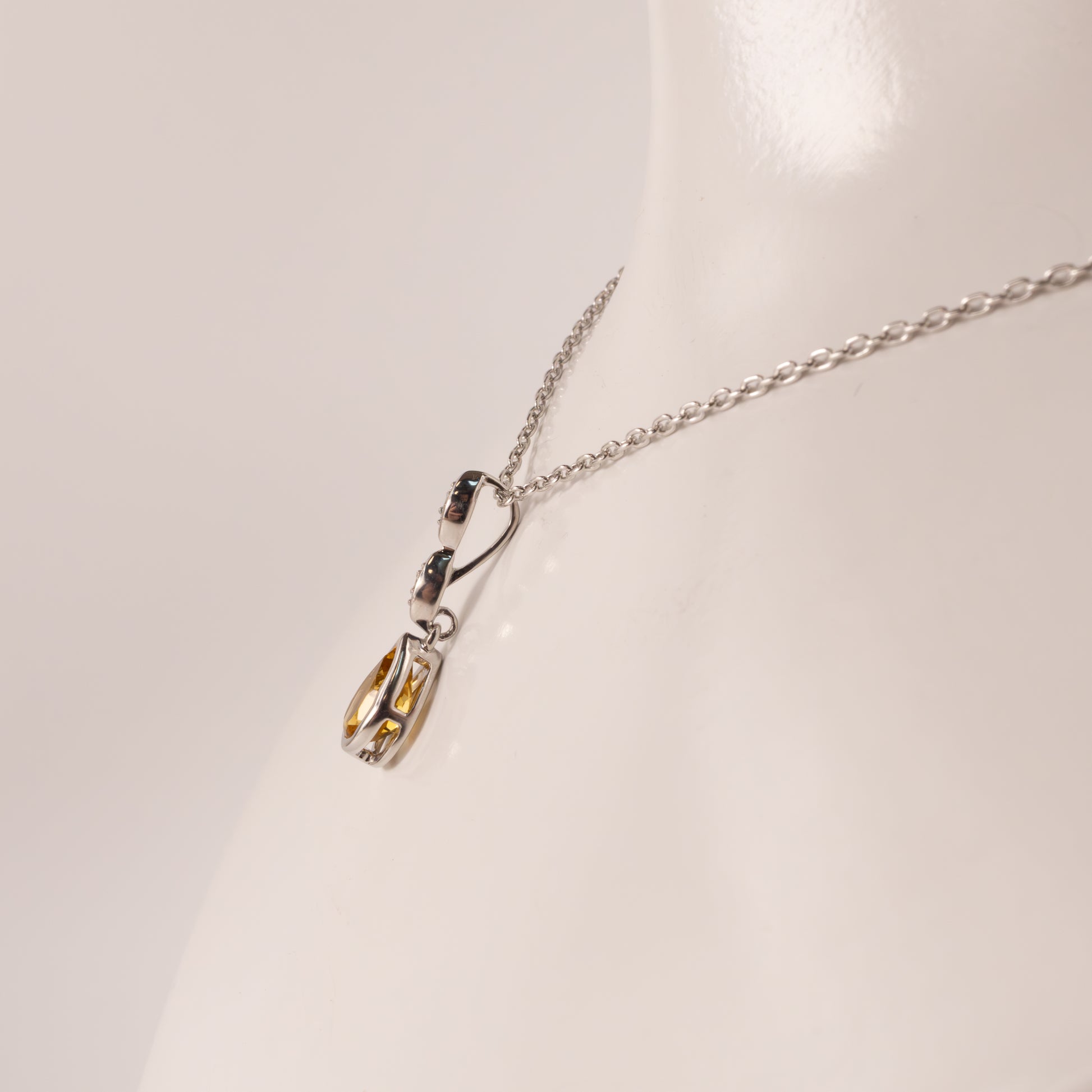 Sterling Silver Citrine Pear and Diamond Bezel Set Necklace