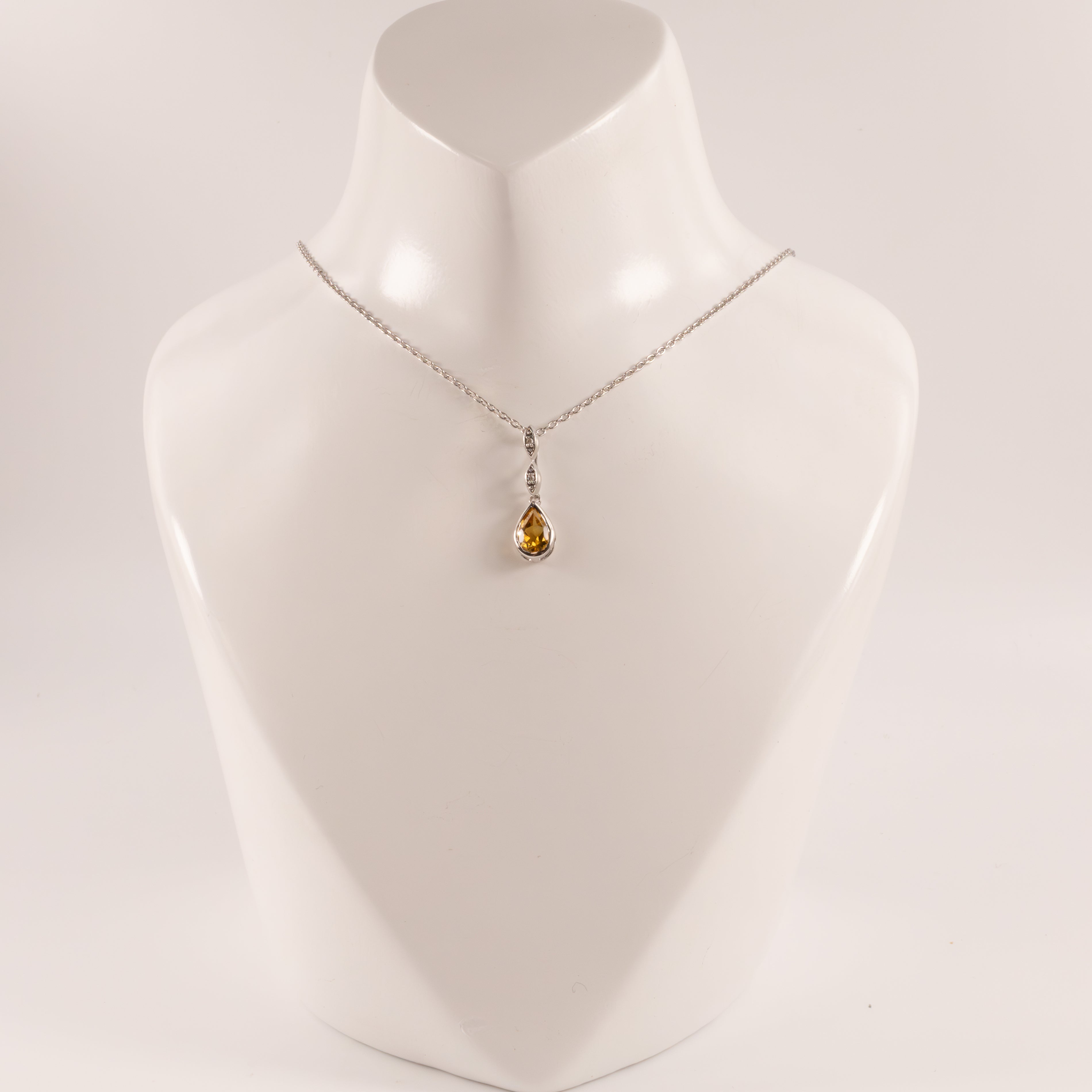 Sterling Silver Citrine Pear and Diamond Bezel Set Necklace