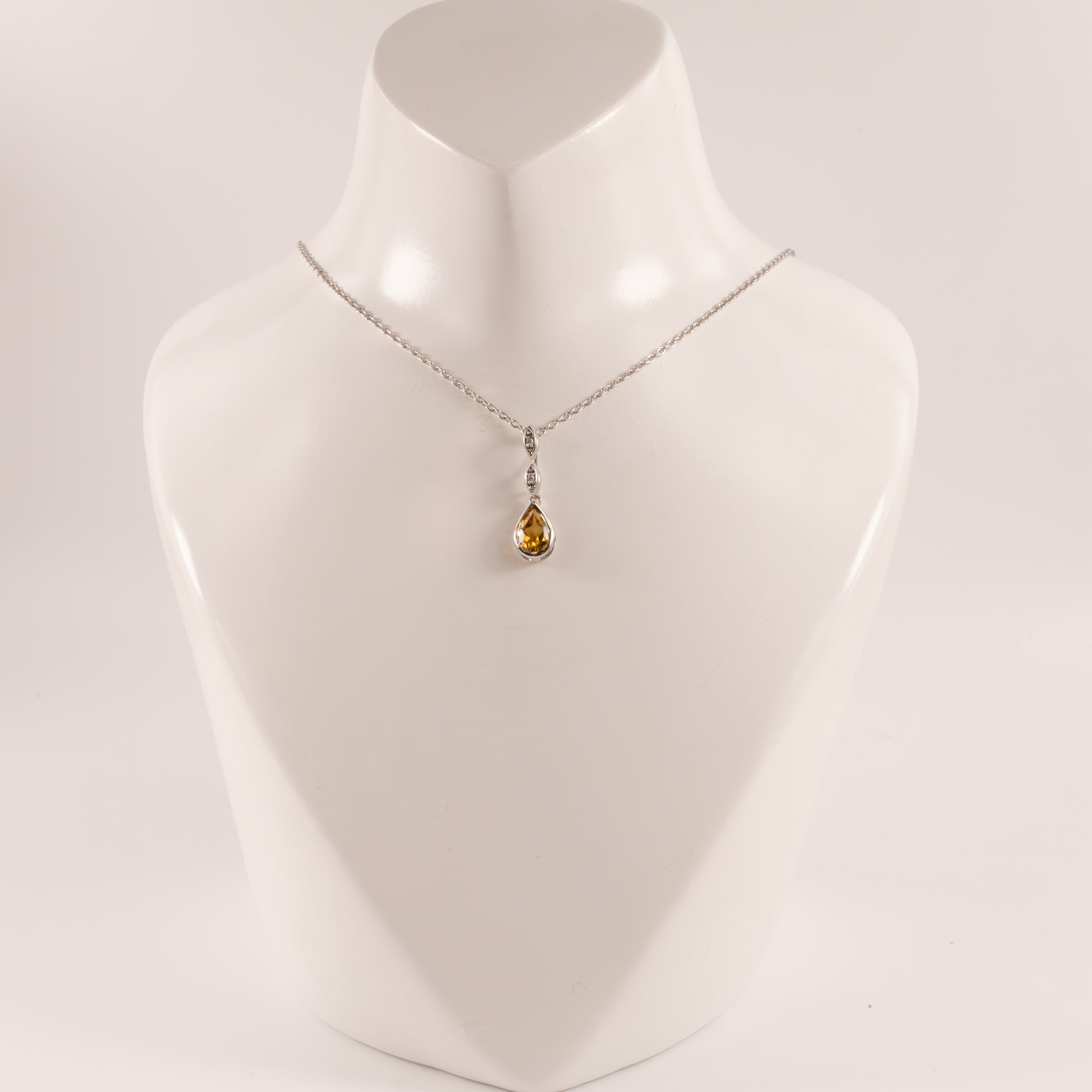 Sterling Silver Citrine Pear and Diamond Bezel Set Necklace
