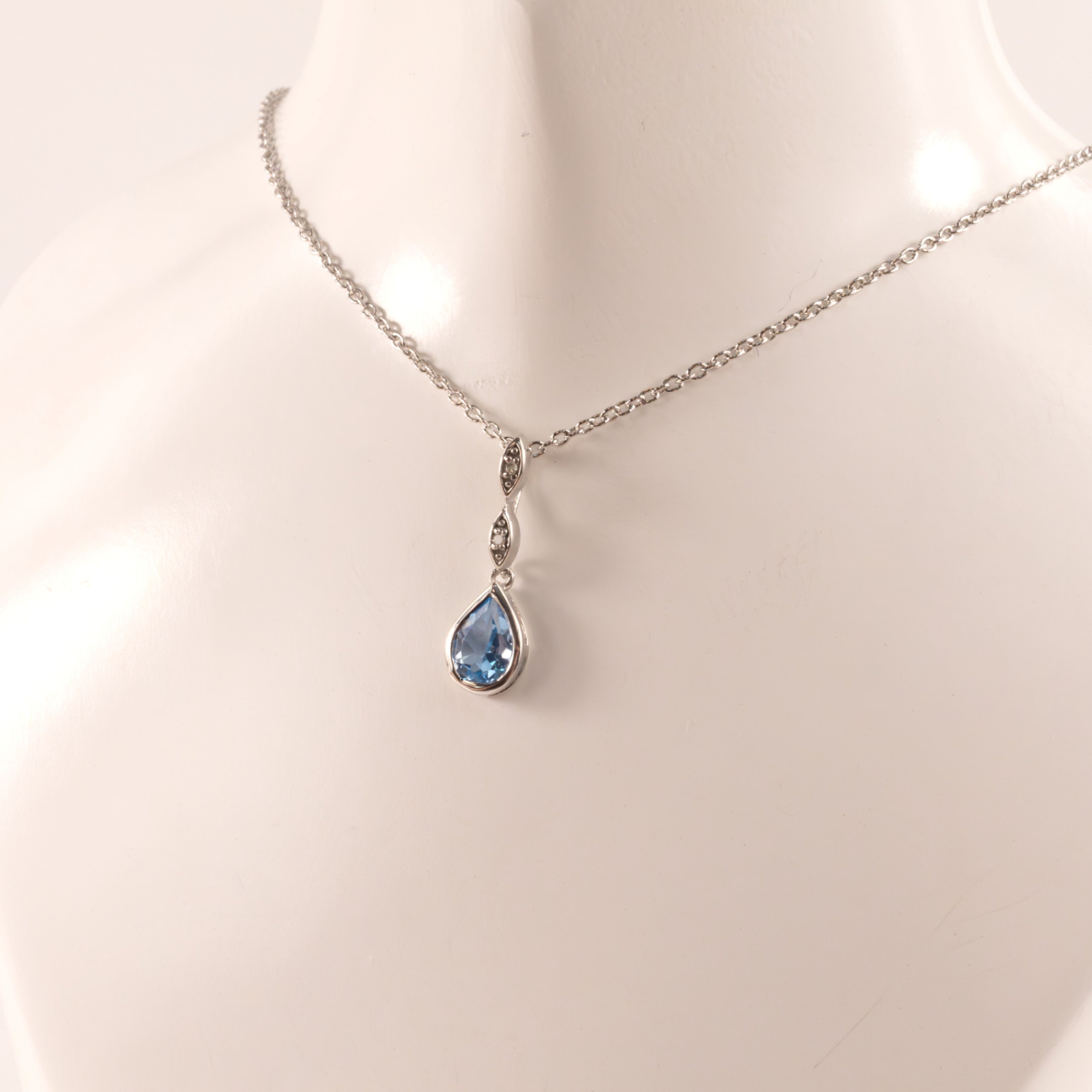 Sterling Silver Swiss Blue Topaz Pear and Diamond Bezel Set Necklace