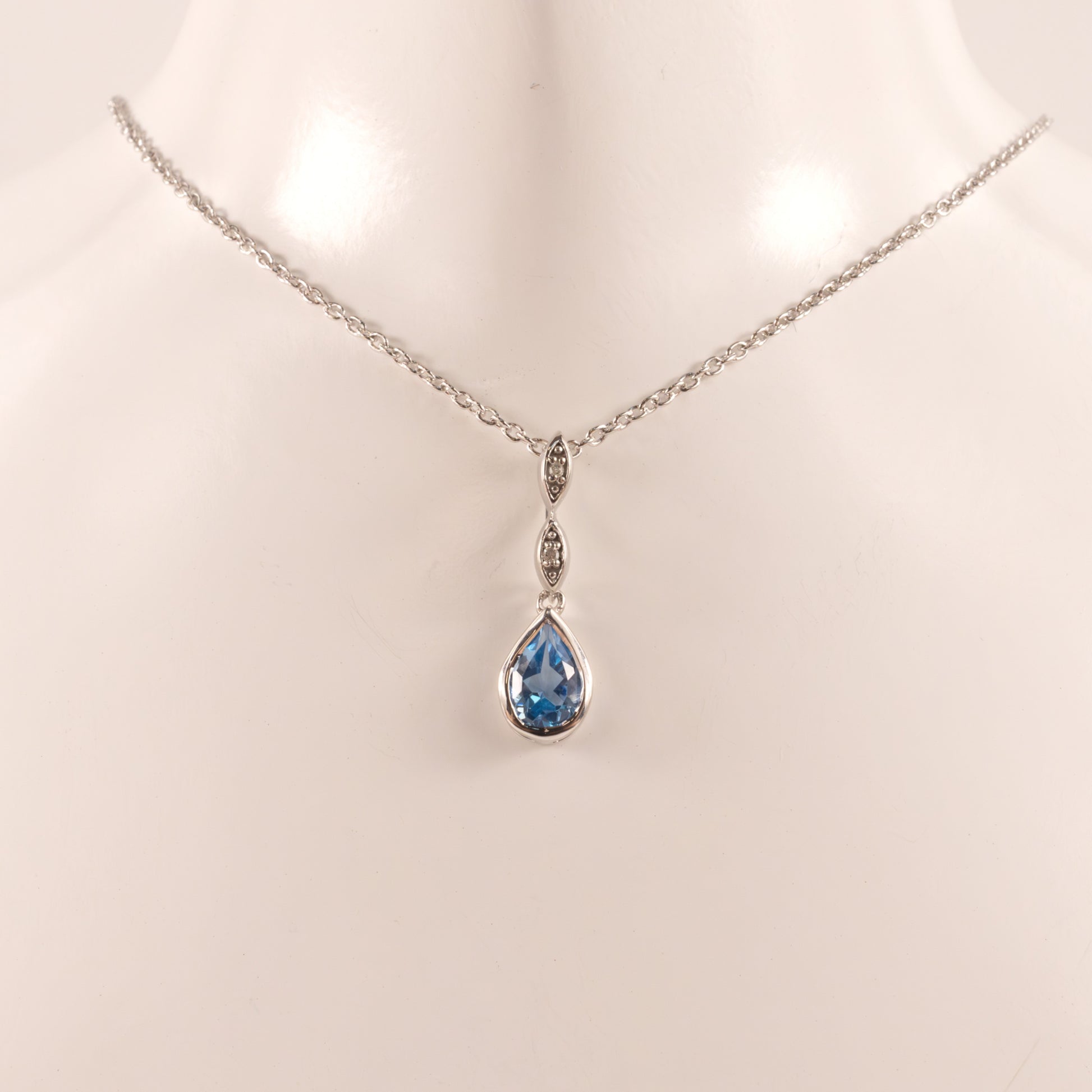 Sterling Silver Swiss Blue Topaz Pear and Diamond Bezel Set Necklace