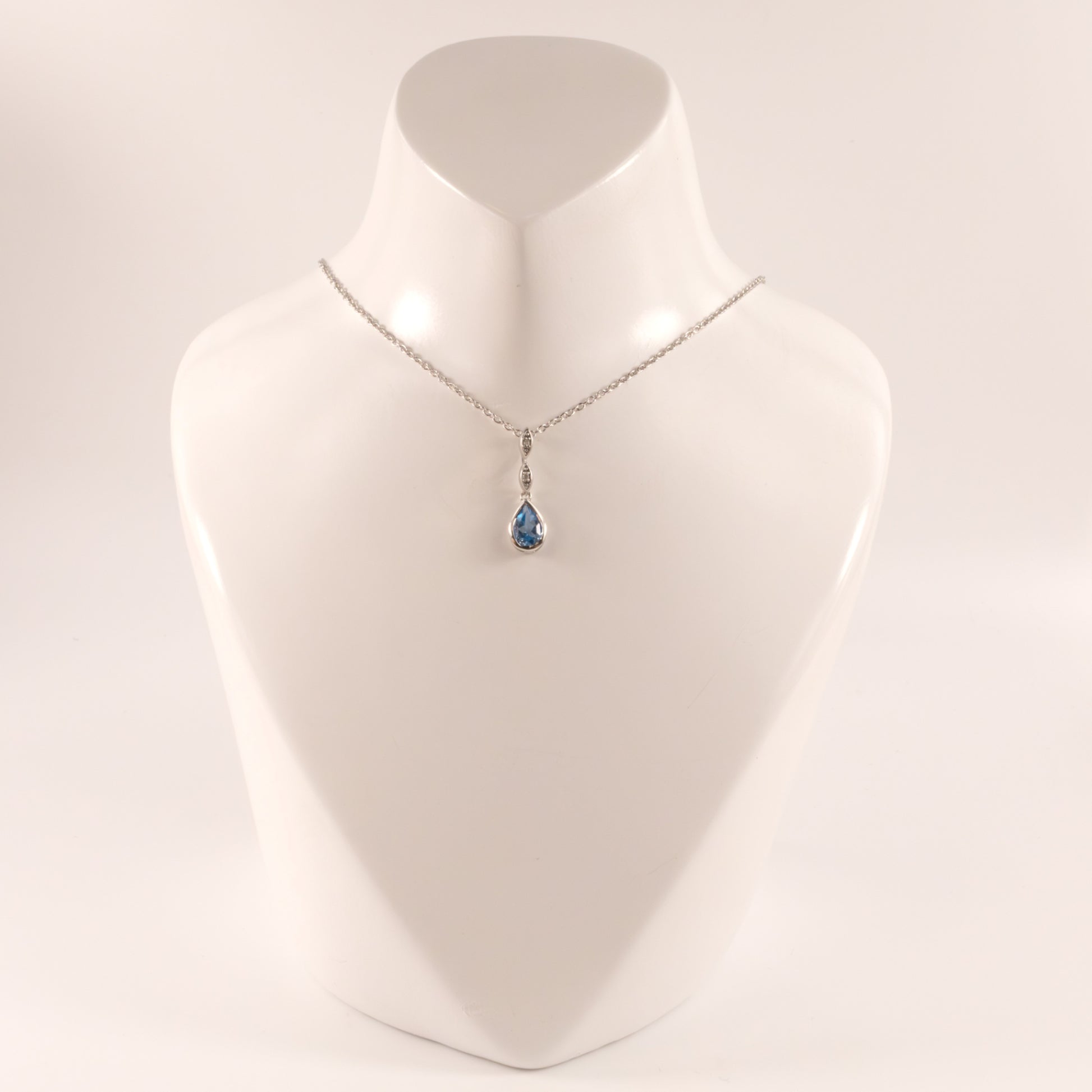 Sterling Silver Swiss Blue Topaz Pear and Diamond Bezel Set Necklace