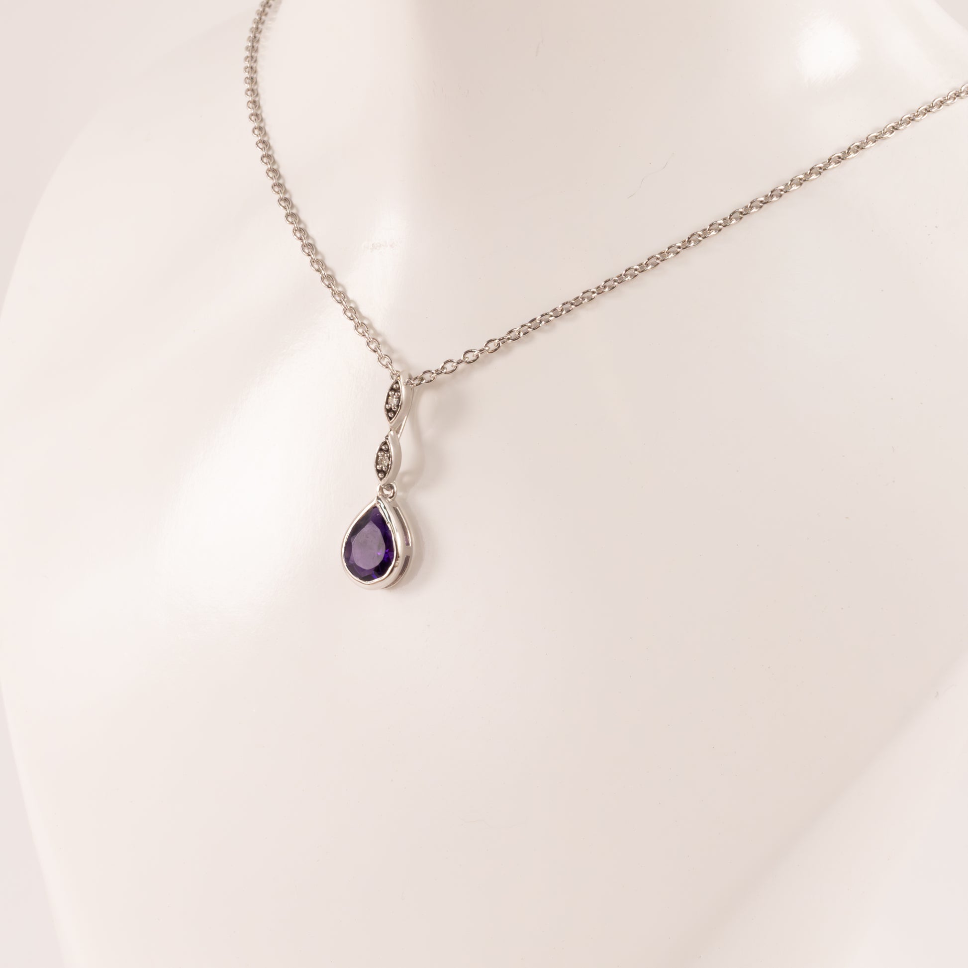 Sterling Silver Amethyst Pear and Diamond Bezel Set Necklace