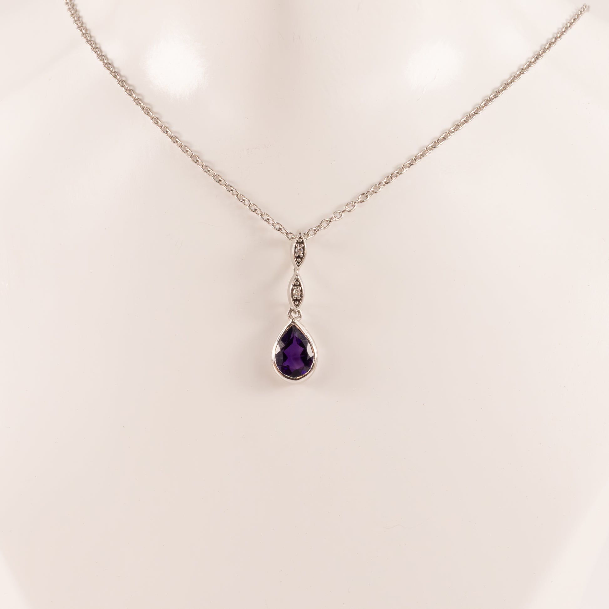 Sterling Silver Amethyst Pear and Diamond Bezel Set Necklace