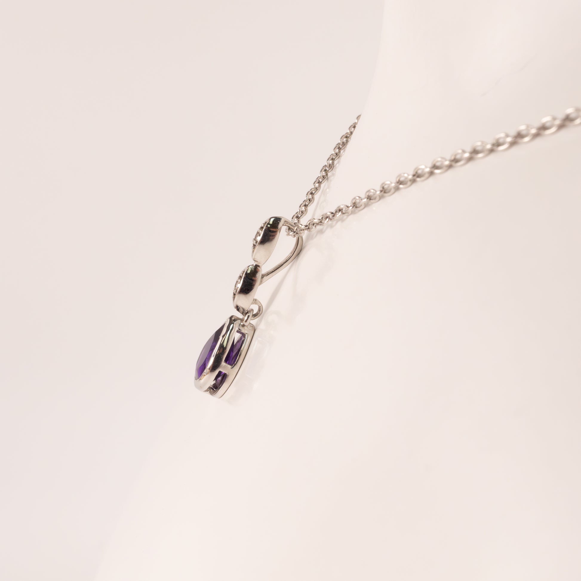 Sterling Silver Amethyst Pear and Diamond Bezel Set Necklace