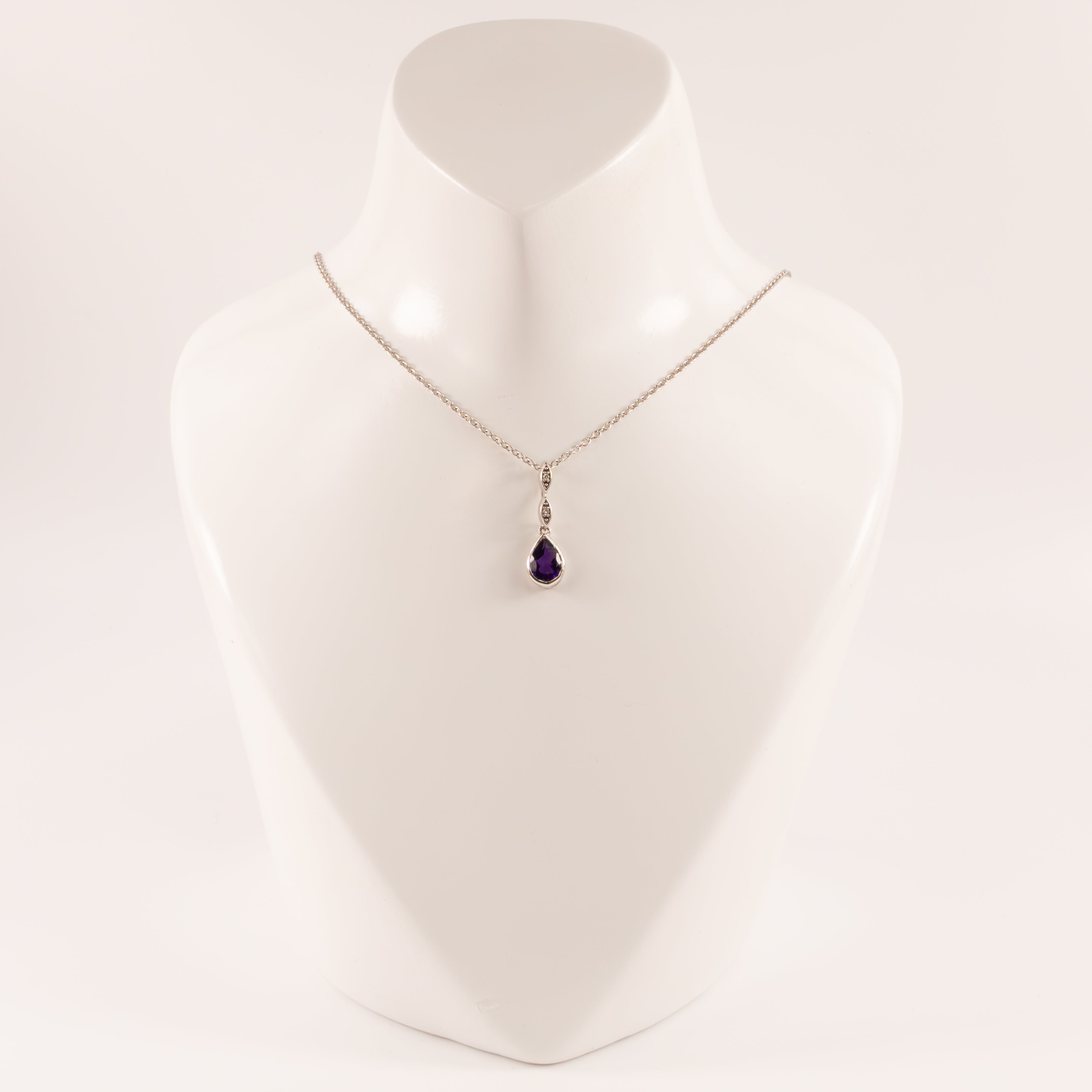 Sterling Silver Amethyst Pear and Diamond Bezel Set Necklace
