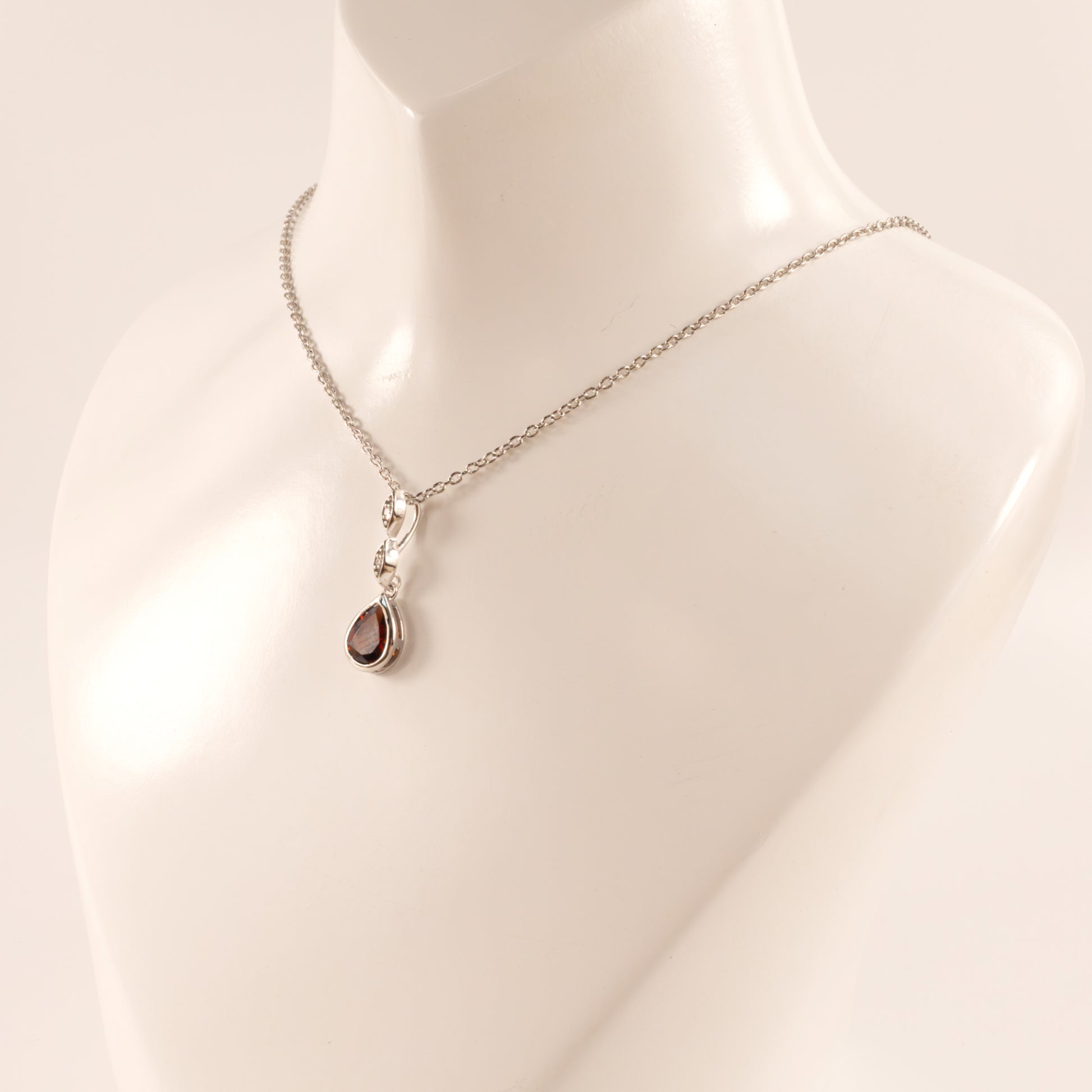 Sterling Silver Garnet Pear and Diamond Bezel Set Necklace