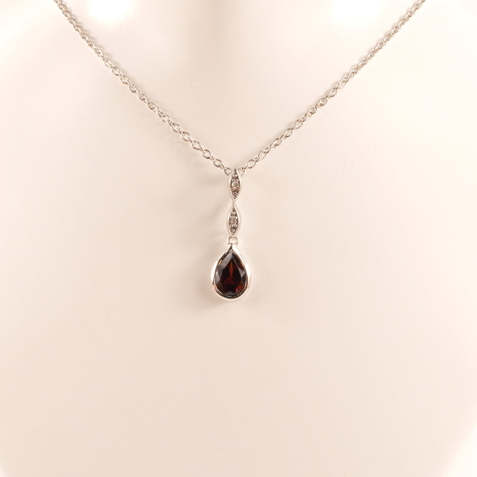 Sterling Silver Garnet Pear and Diamond Bezel Set Necklace