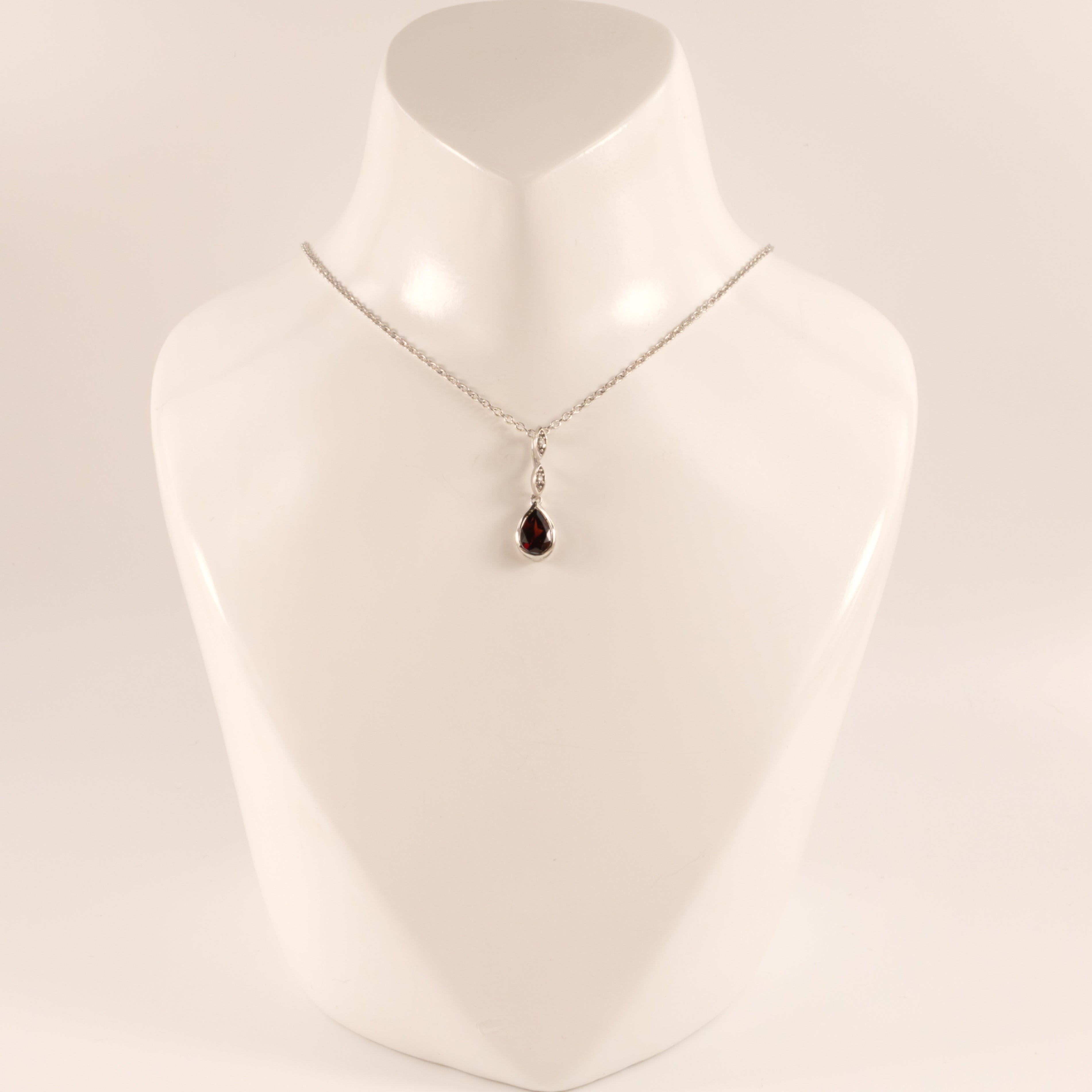 Sterling Silver Garnet Pear and Diamond Bezel Set Necklace