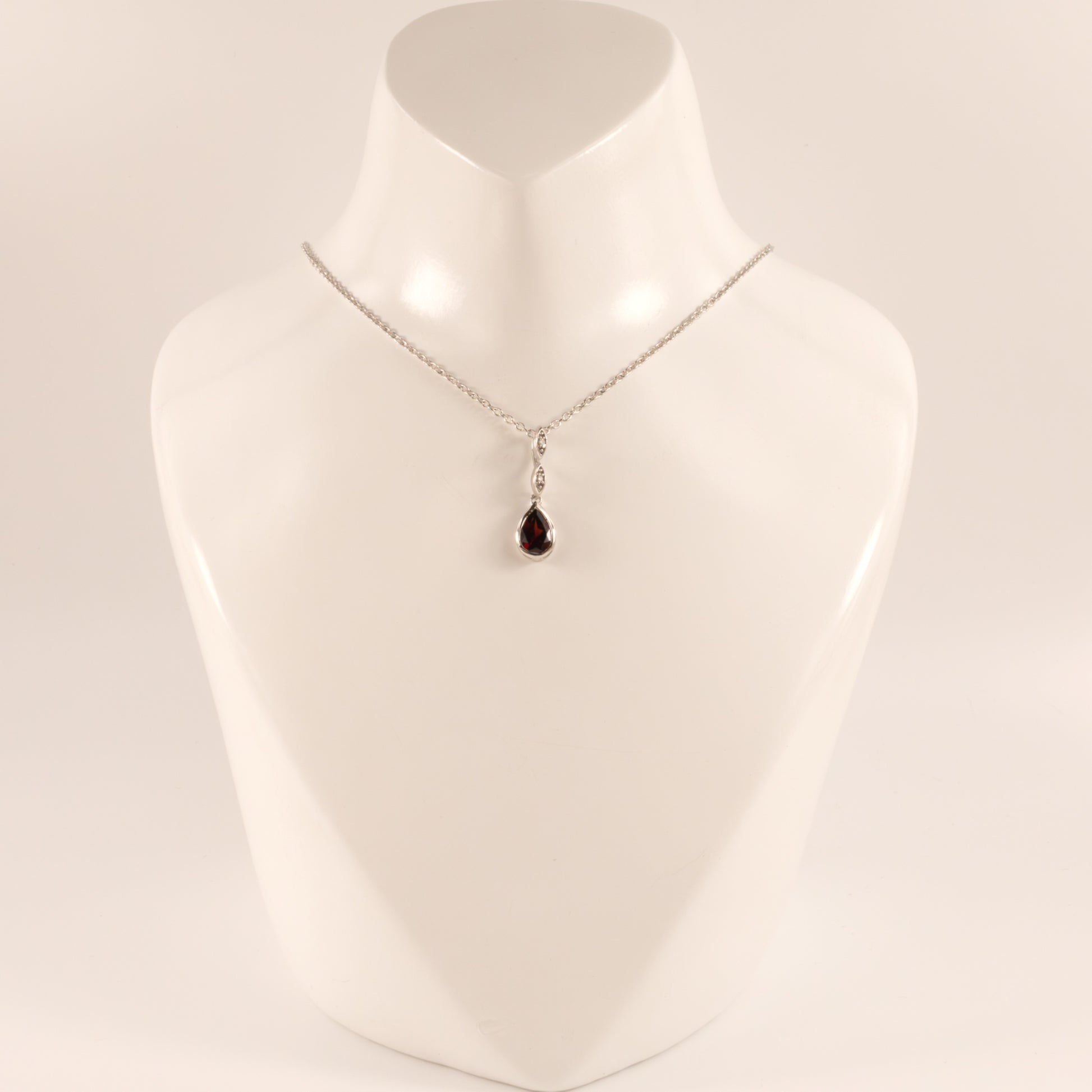 Sterling Silver Garnet Pear and Diamond Bezel Set Necklace