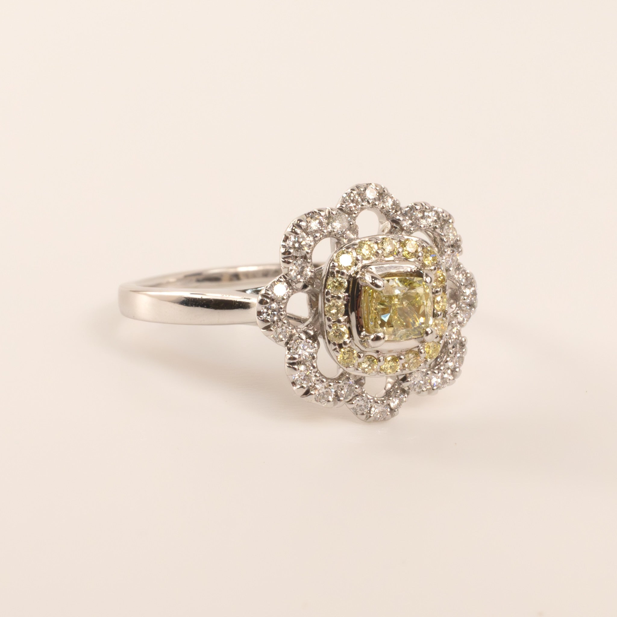 14KWG Fancy Yellow Diamond Flower Halo Ring