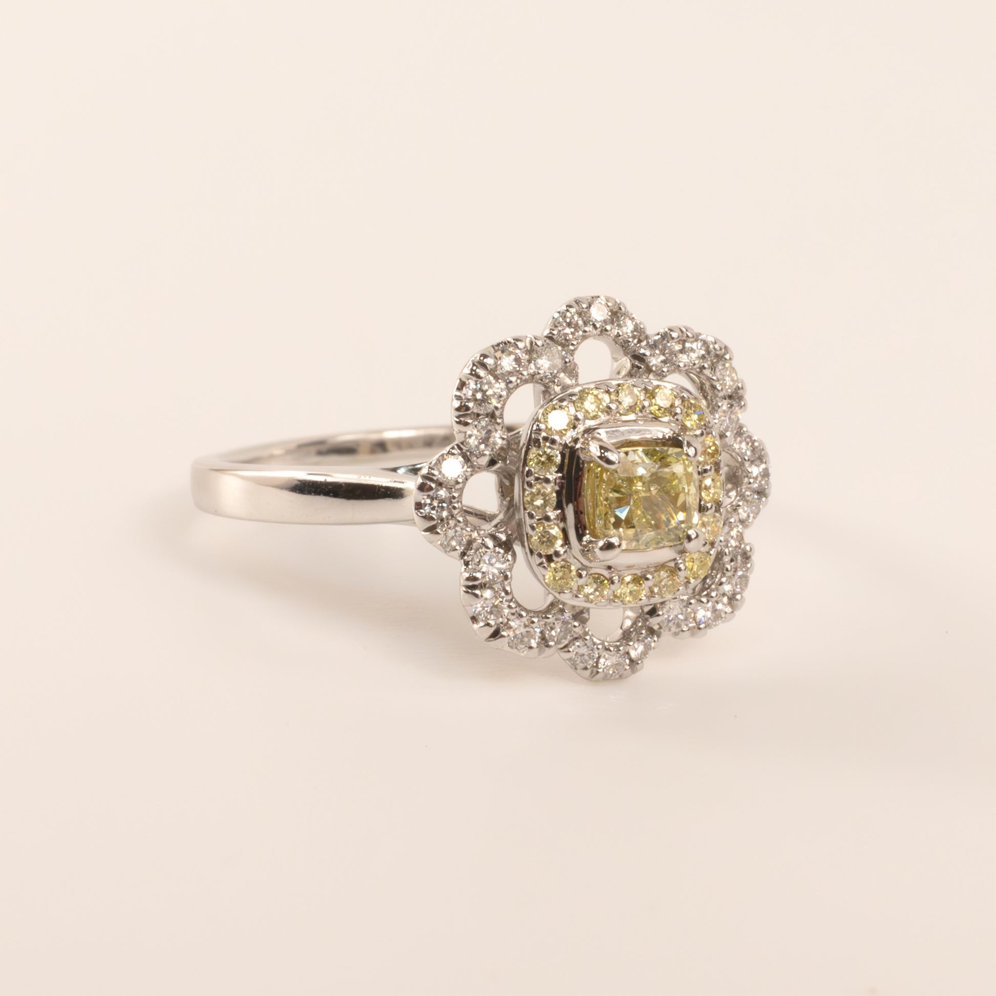 14KWG Fancy Yellow Diamond Flower Halo Ring