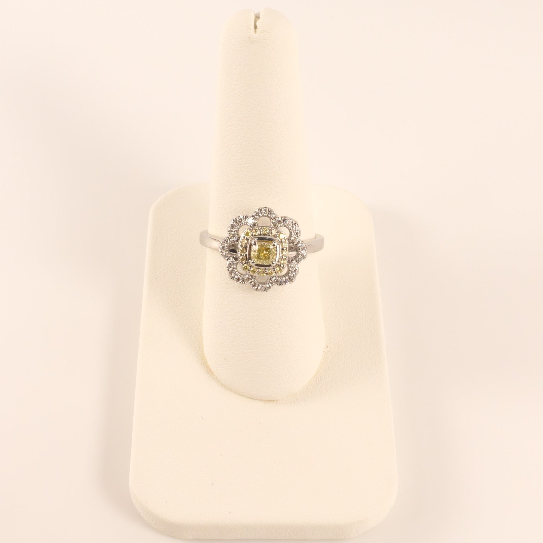 14KWG Fancy Yellow Diamond Flower Halo Ring