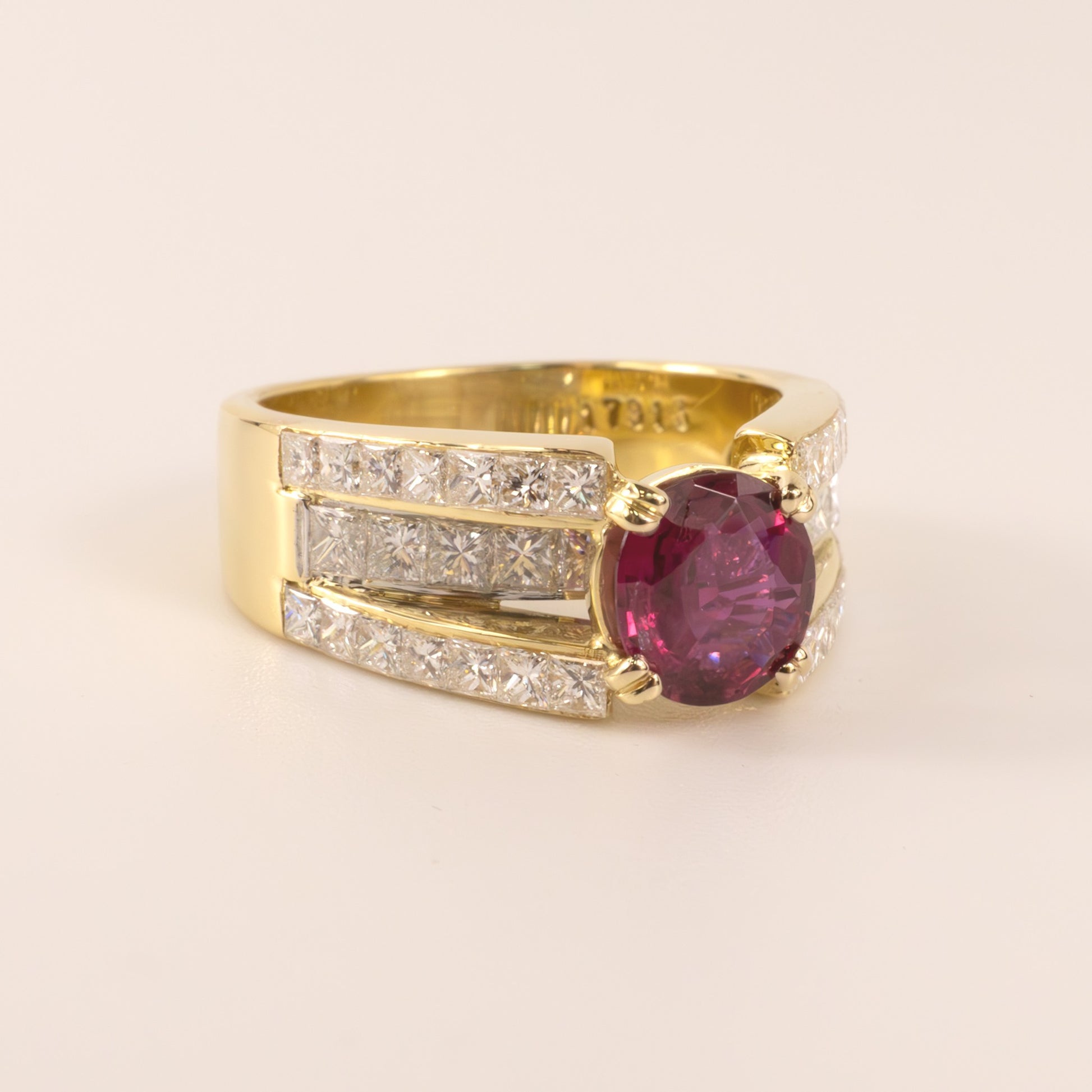 18KYG 7 Platinum Ruby and Diamond Three-Row Channel Set Ring