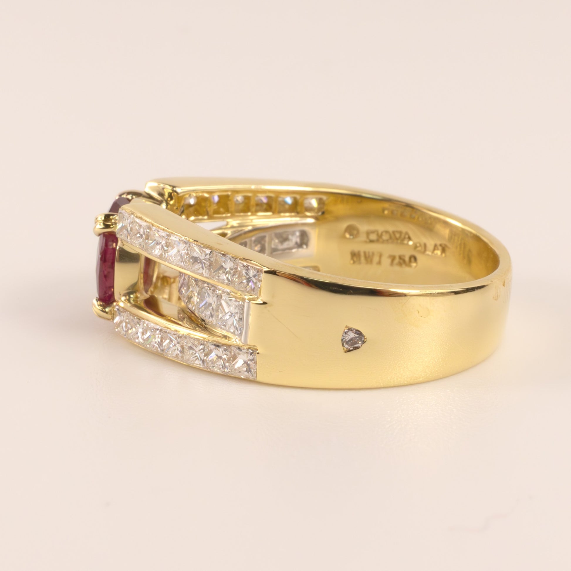 18KYG 7 Platinum Ruby and Diamond Three-Row Channel Set Ring