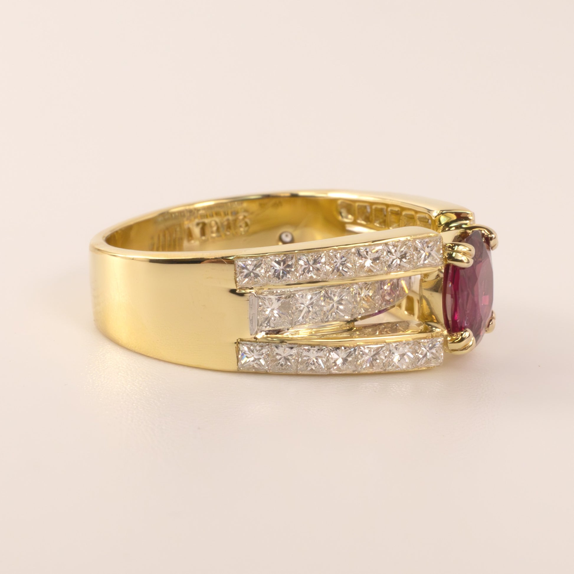 18KYG 7 Platinum Ruby and Diamond Three-Row Channel Set Ring