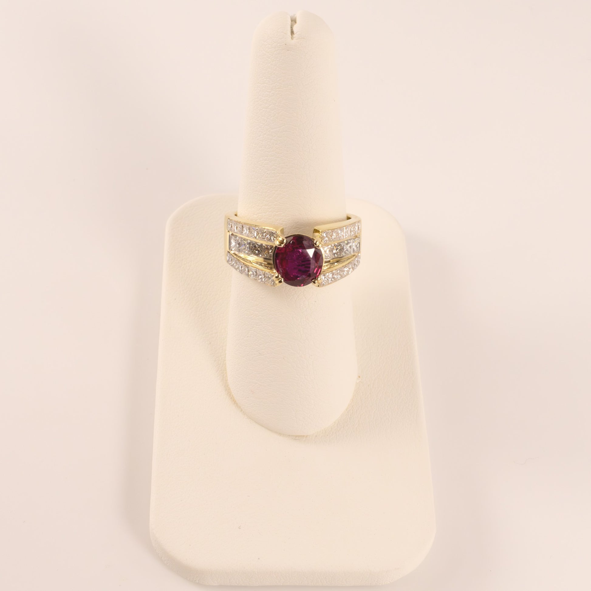 18KYG 7 Platinum Ruby and Diamond Three-Row Channel Set Ring