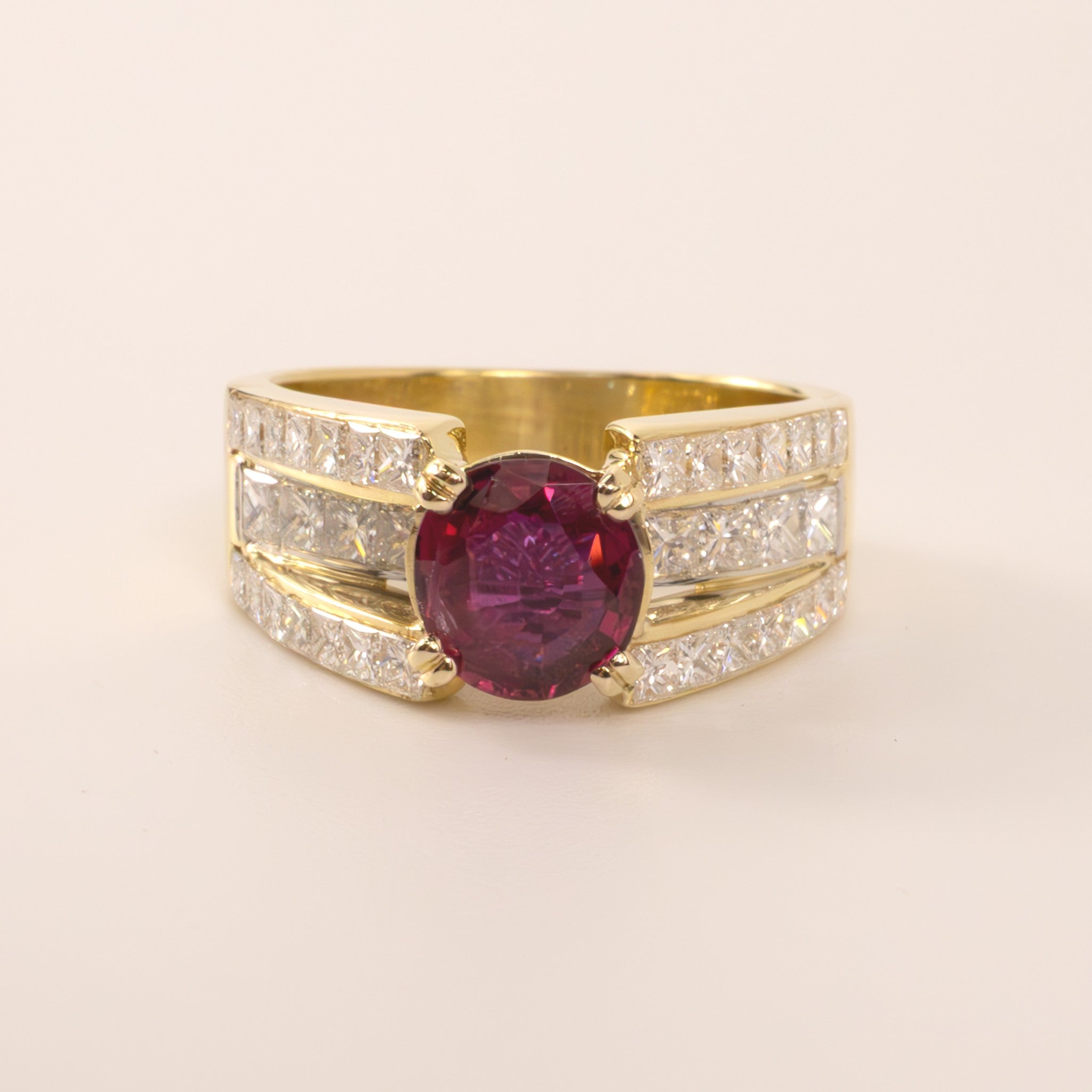 18KYG 7 Platinum Ruby and Diamond Three-Row Channel Set Ring