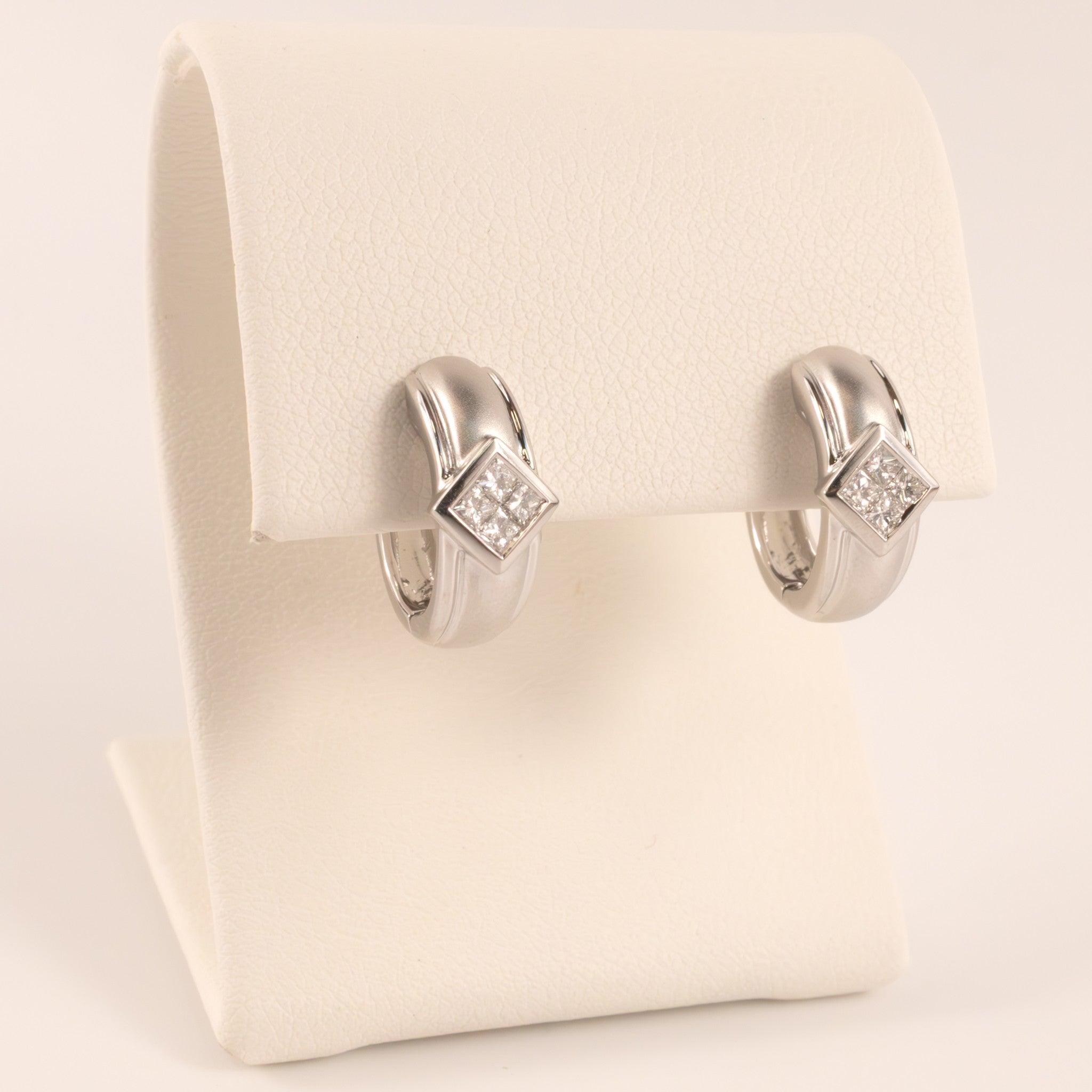 14KWG Diamond Princess Cut Bezel Set Huggie Hoop Earrings