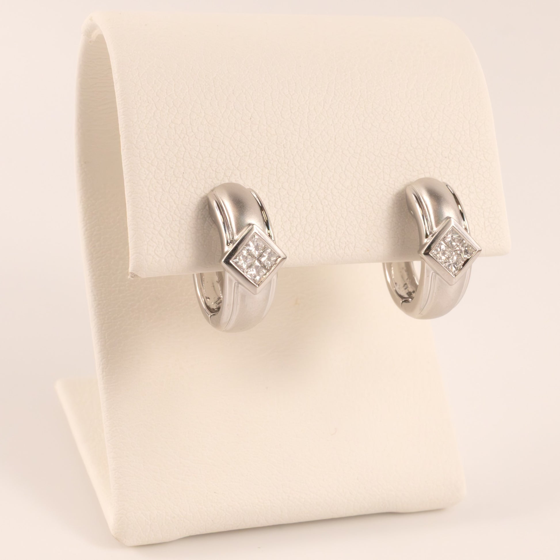 14KWG Diamond Princess Cut Bezel Set Huggie Hoop Earrings