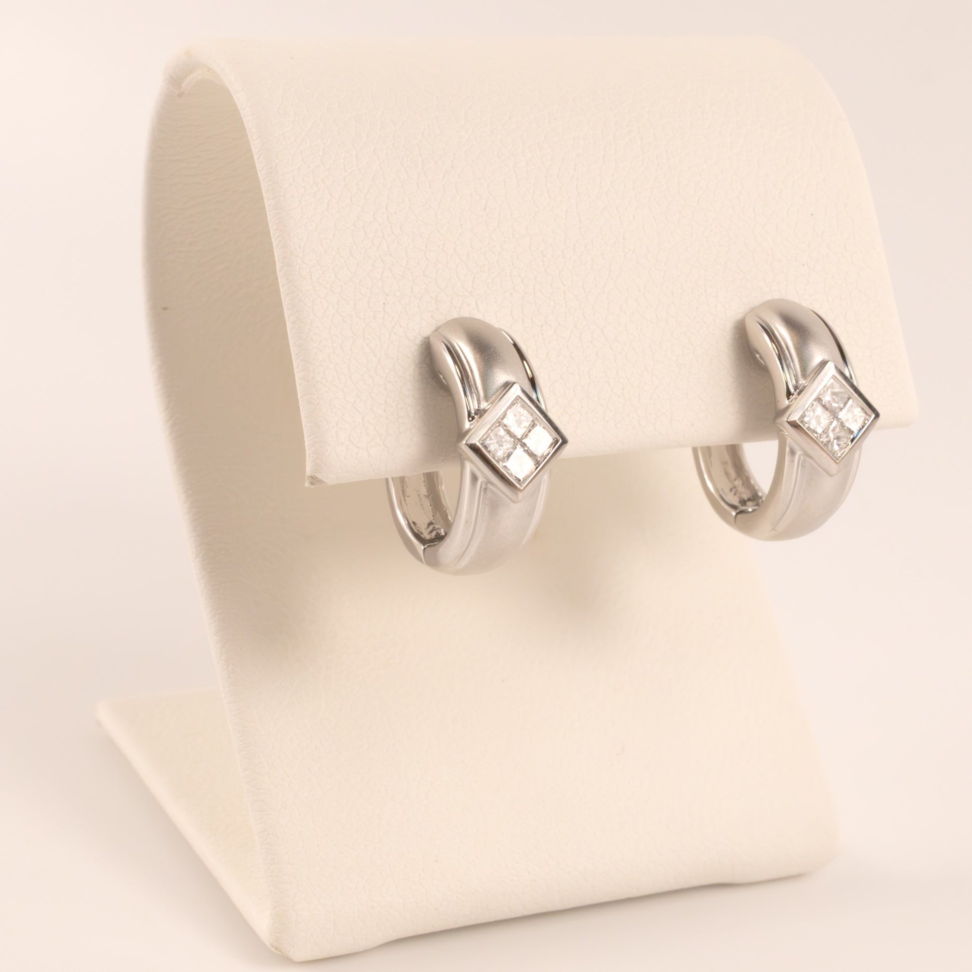 14KWG Diamond Princess Cut Bezel Set Huggie Hoop Earrings