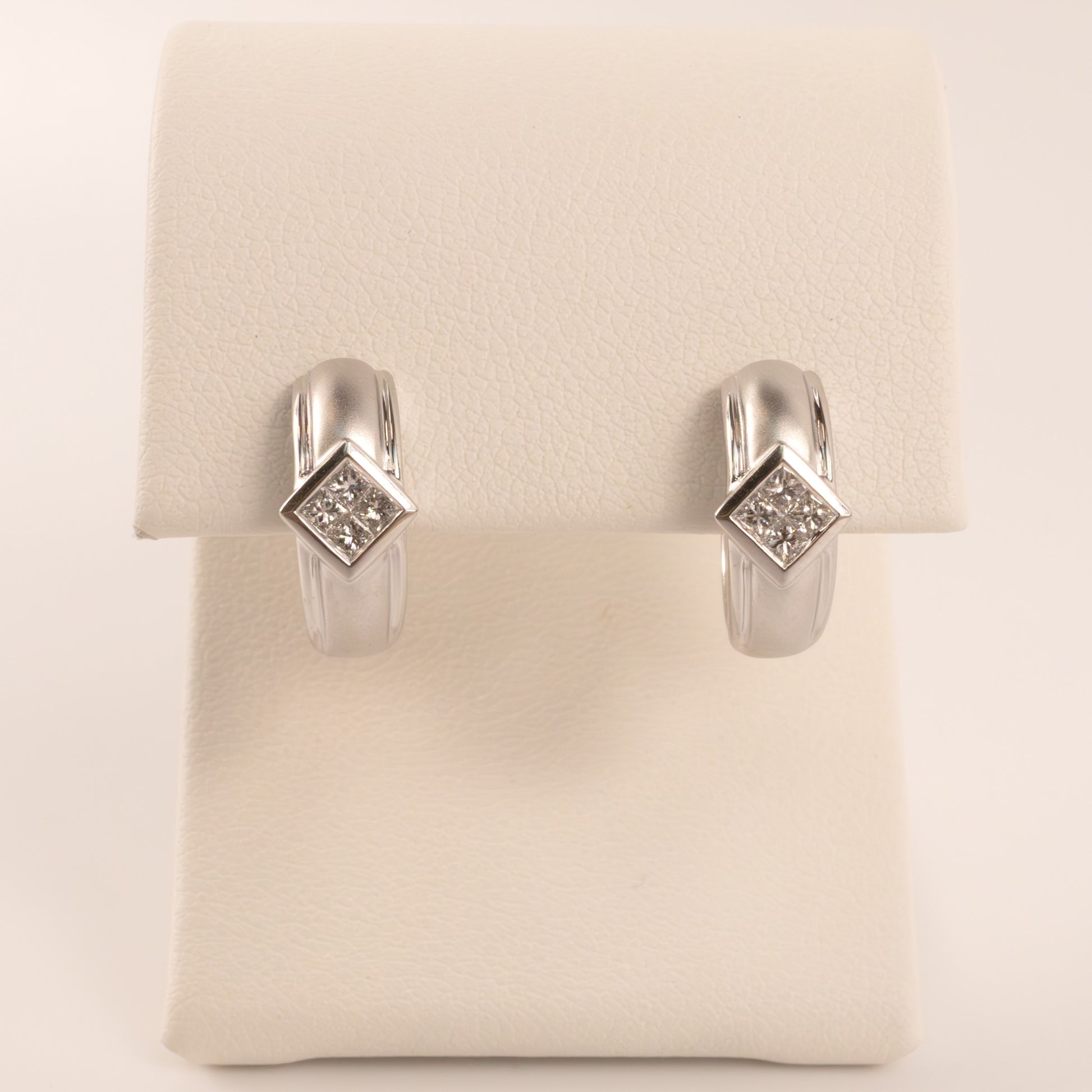 14KWG Diamond Princess Cut Bezel Set Huggie Hoop Earrings